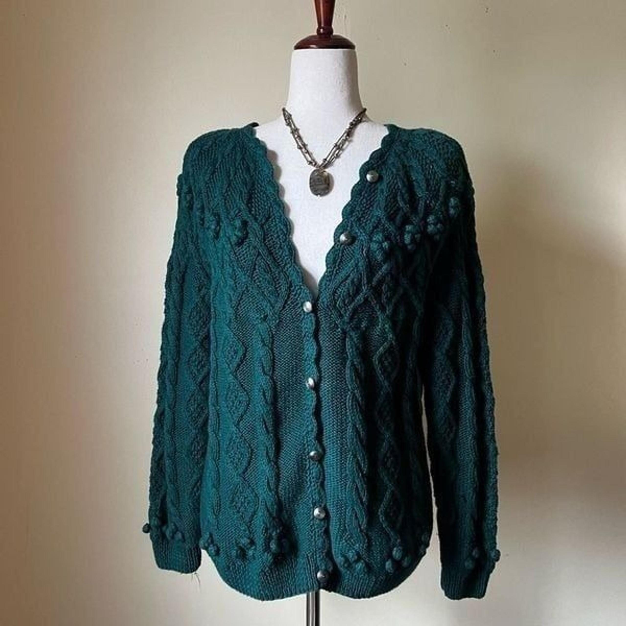 Vintage Hand Knit Cardigan Sweater Bauble Cable Knit Emerald Green Cotton Medium