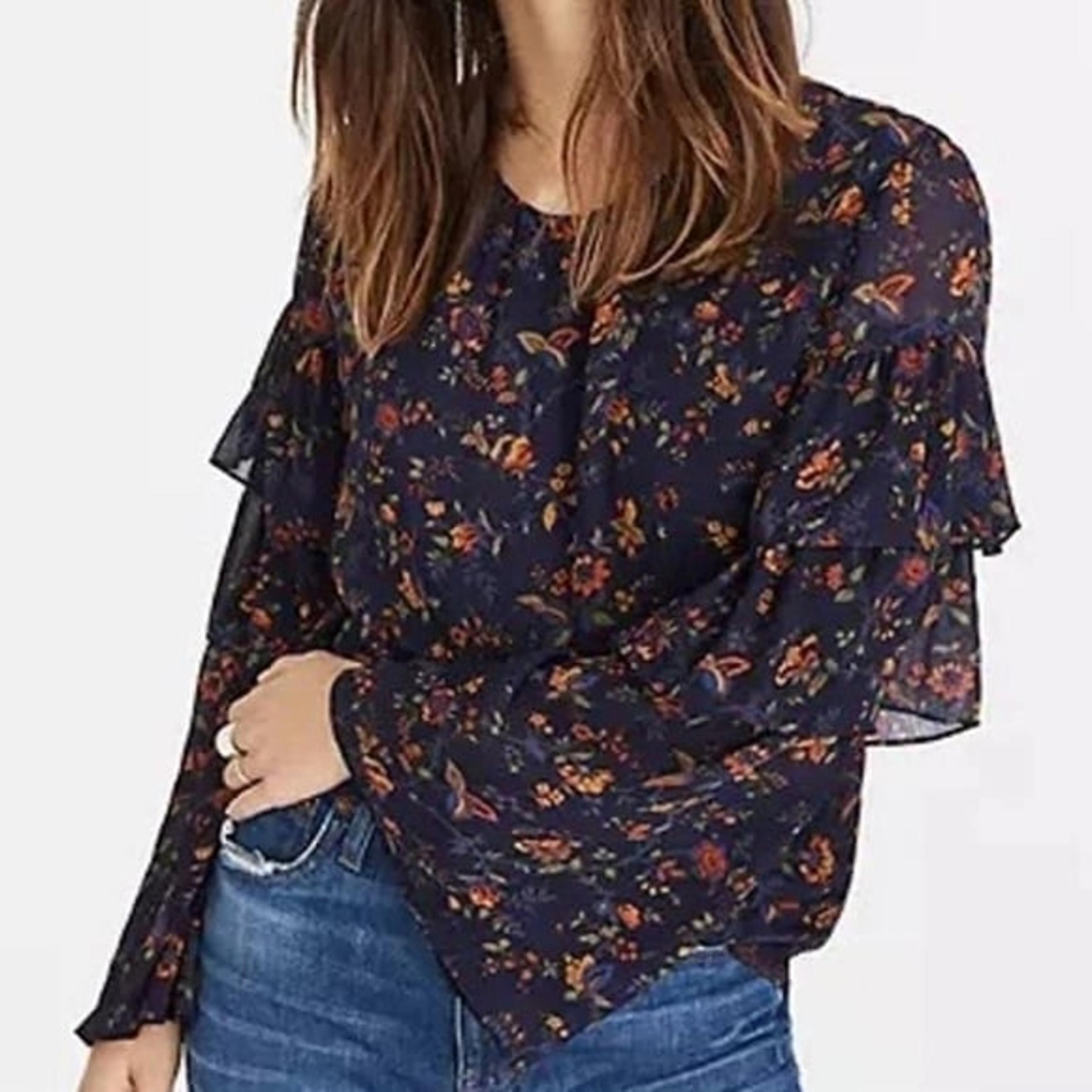 Madewell Ruffle Tiered Sleeve Blouse Womens Medium‎ Blue Floral Keyhole Chiffon