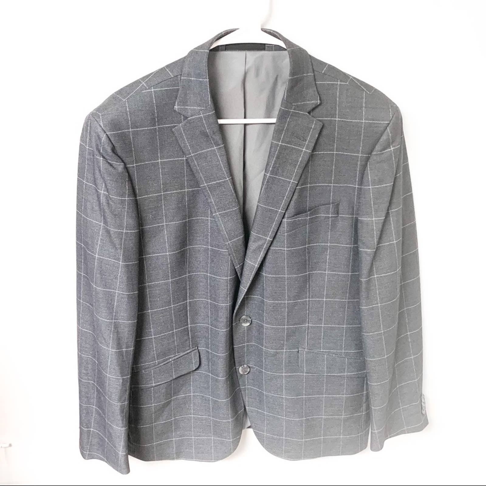 NWOT Kenneth Cole Reaction Plaid Checked Gray Suit Jacket Blazer Size 42R