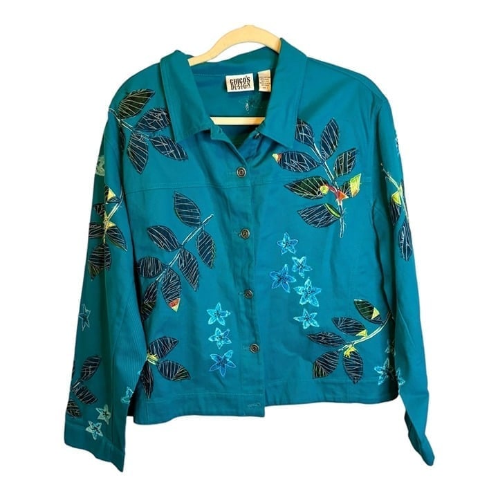 Chico's Jacket Vintage Women's Size XL Patchwork Floral Denim Chicos 3 Blue