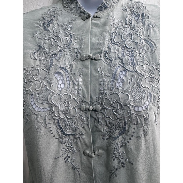 Peony Vintage Floral Embroidery Silk Mandarin Blouse Button Closure 36