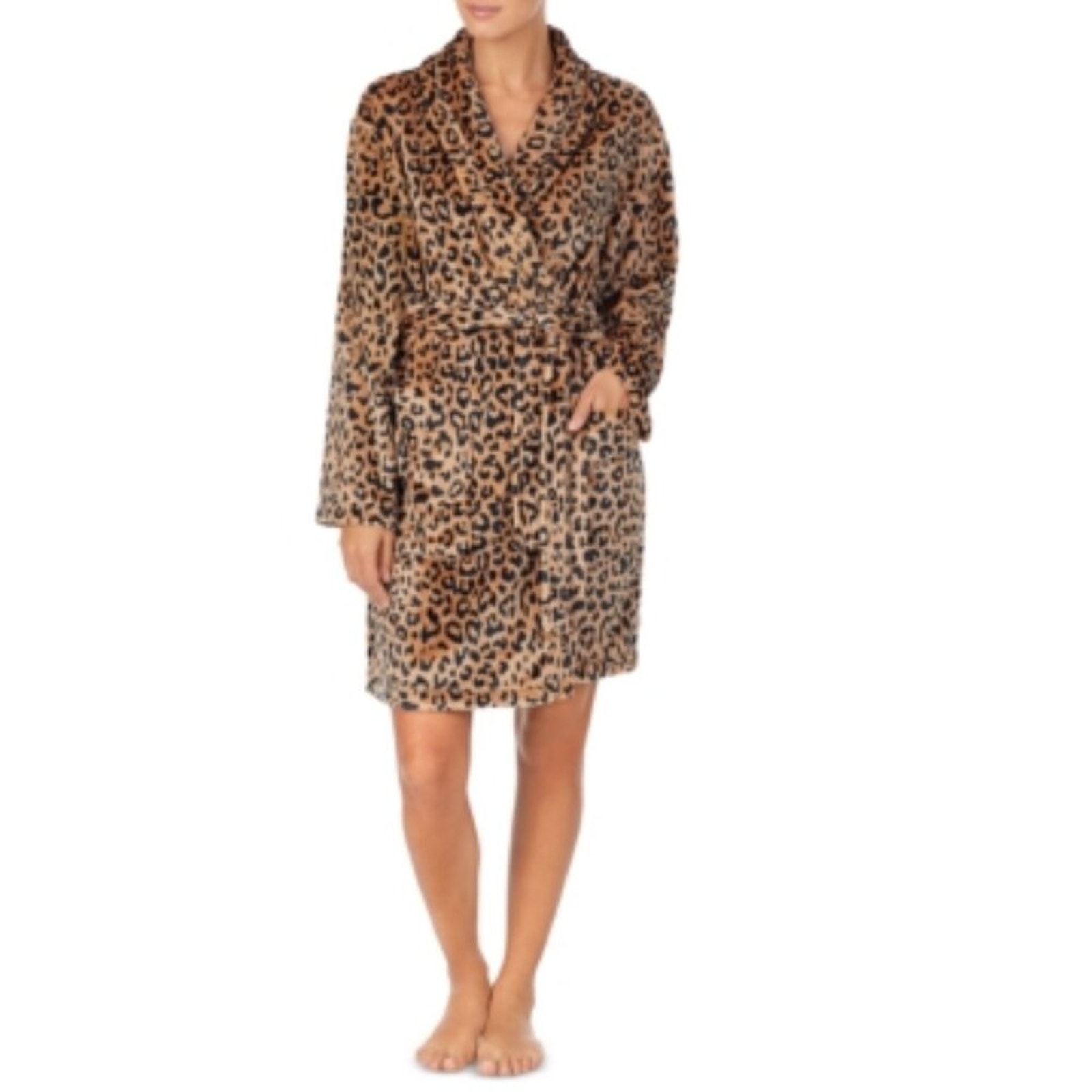 DKNY Women's Logo-Print Plush Robe Cheetah Print Size L/XL