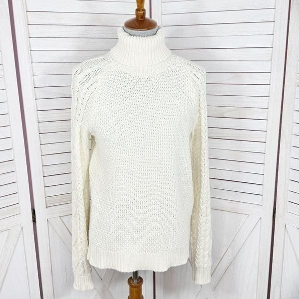 Lauren Ralph Lauren Waffle Cable Knit Turtleneck Sweater Cream Large Fisherman