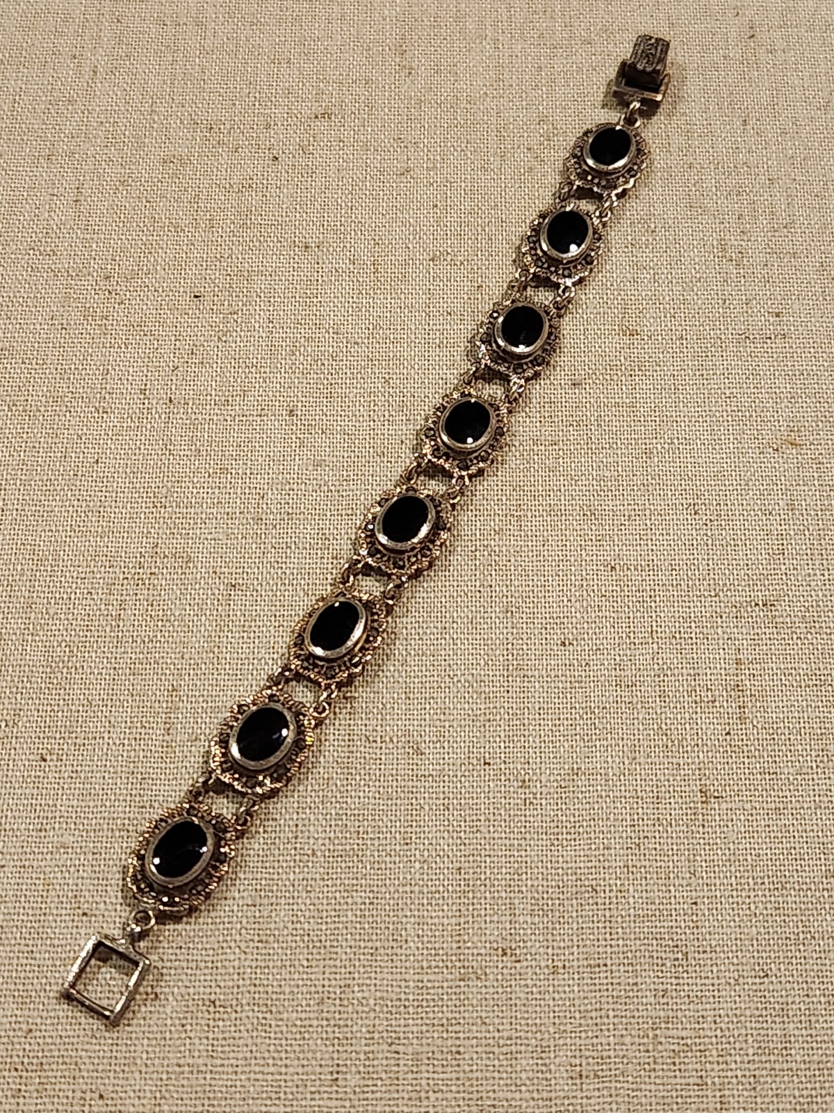 Vtg 1980s Sterling Silver 925 Onyx & Marcasite 7 Inch Bracelet