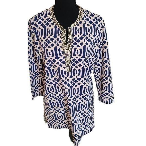 J McLaughlin Womens Blue Cream Print Biscayne Tunic Top Large