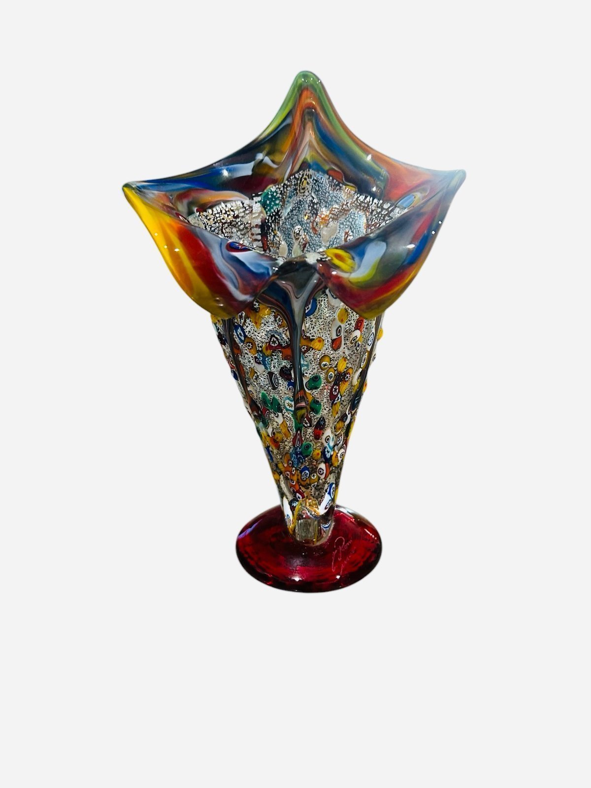 Vintage Murano Glass Millefiori Horn Of Plenty Vase - Multicolor signed
