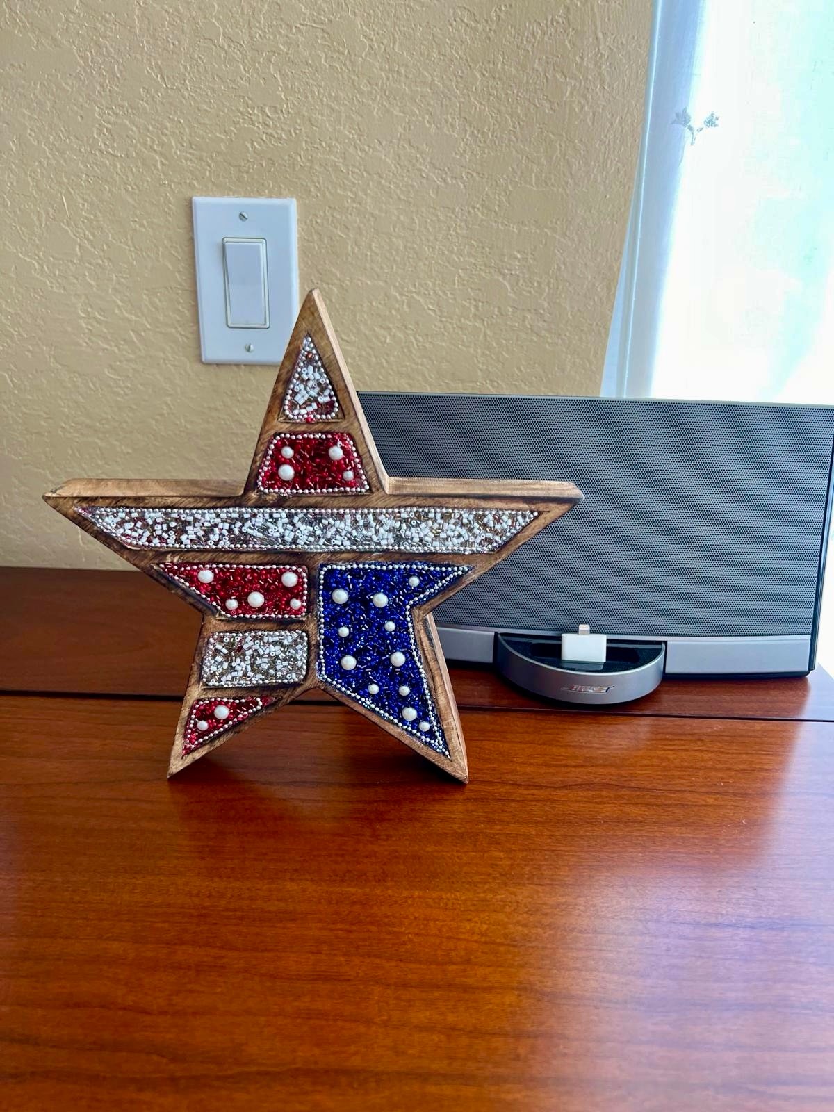 Patriotic Wood and Beaded Blue, Red & White Star, Table Decor