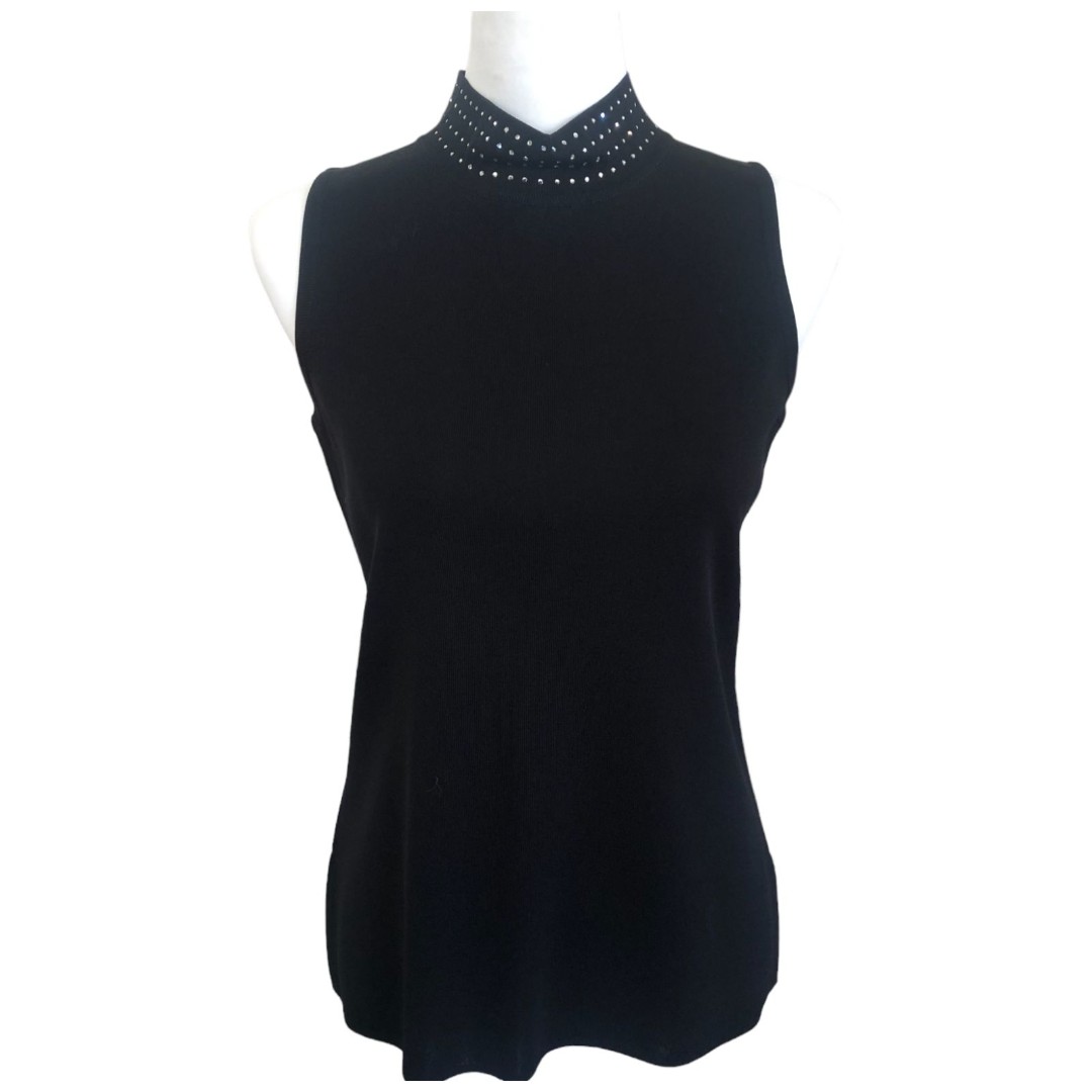Exclusively Misook Black sleeveless Mock turtlneck top with rhinestone collar XS