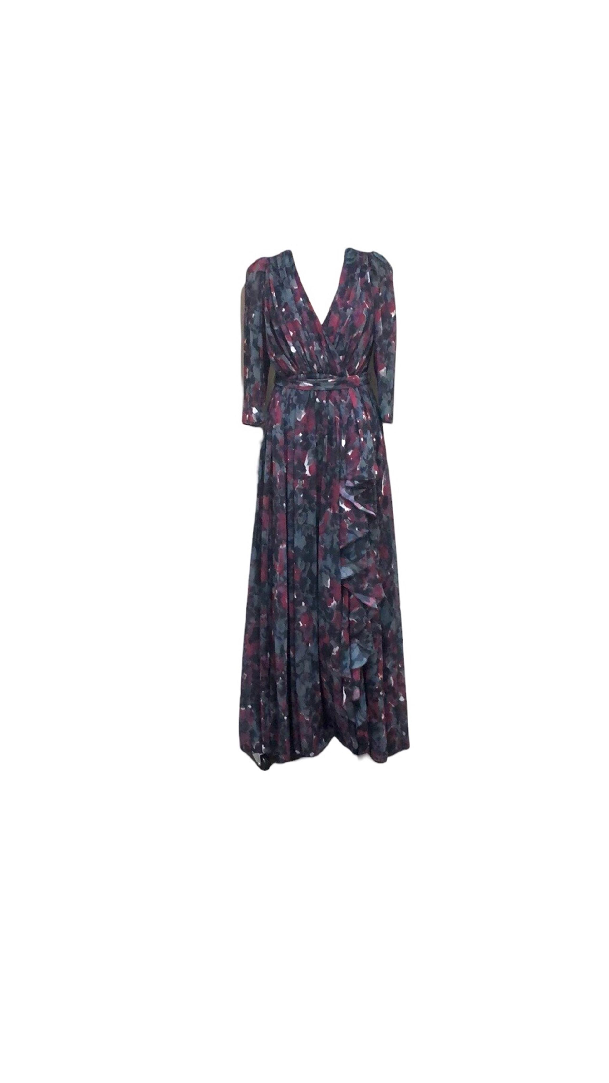 Badgley Mischka Pleated Floral Gown Size 10 Gray Black Burgundy