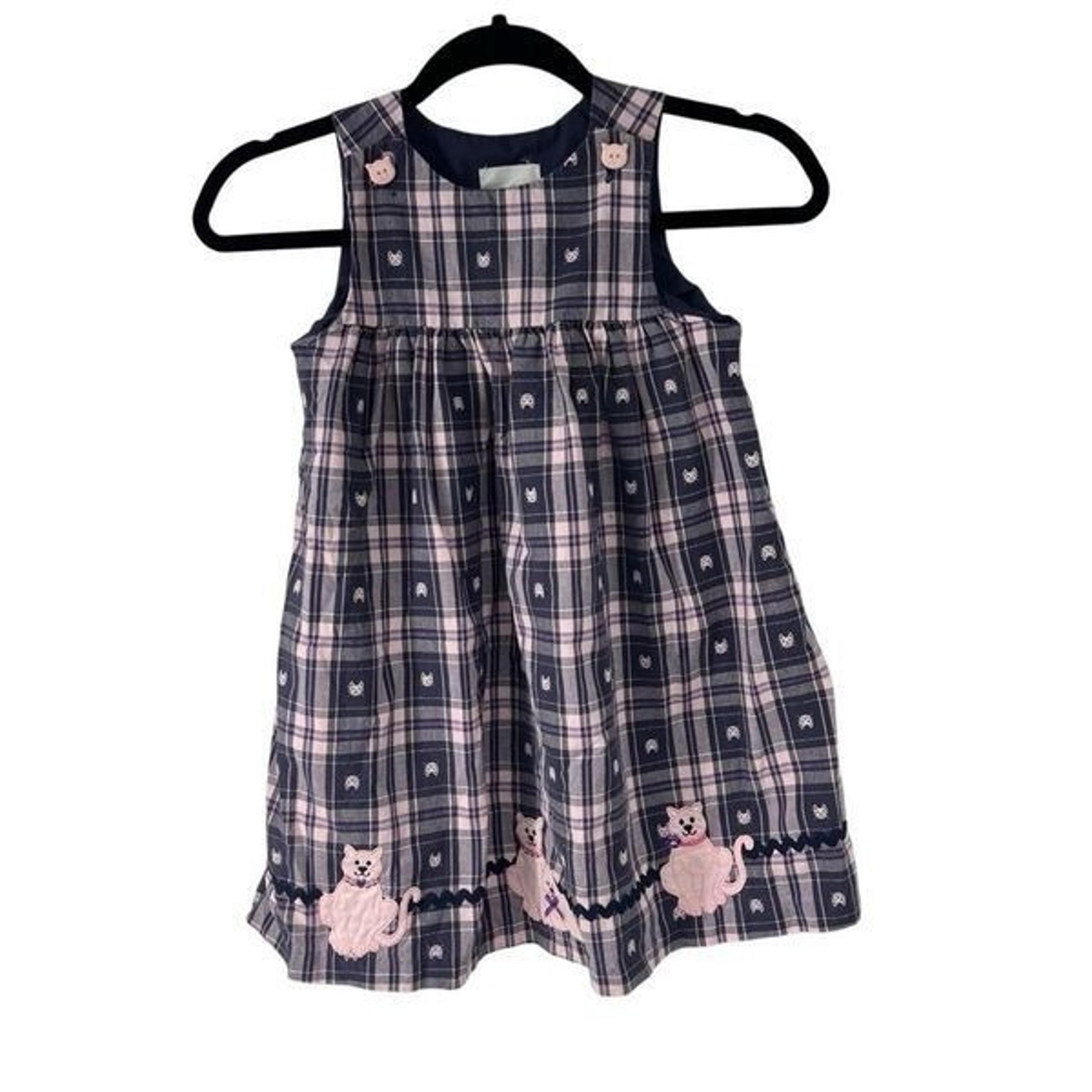 Vintage Navy Blue Pink Plaid Kitten Cat Novelty Dress Girls Sz 6 Cat Buttons Kid