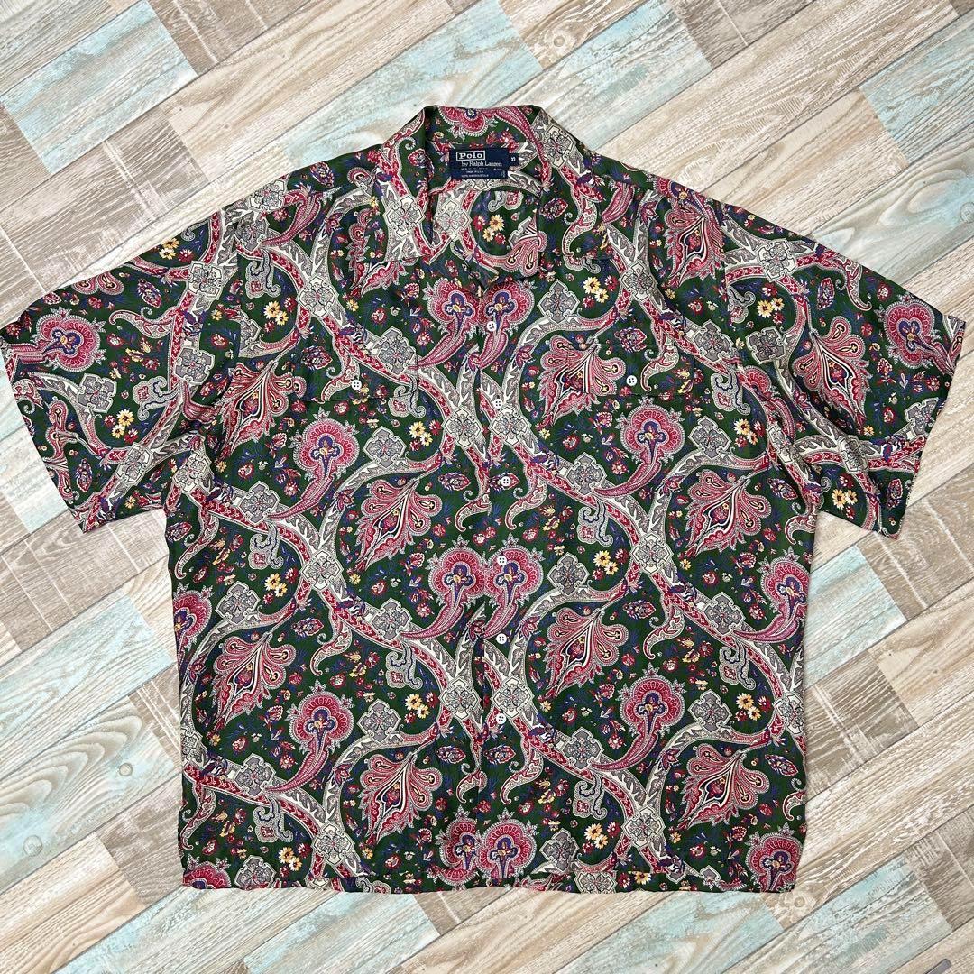 Rare USA Made Ralph Lauren Open Collar Patterned Shirt, Paisley Floral Silk