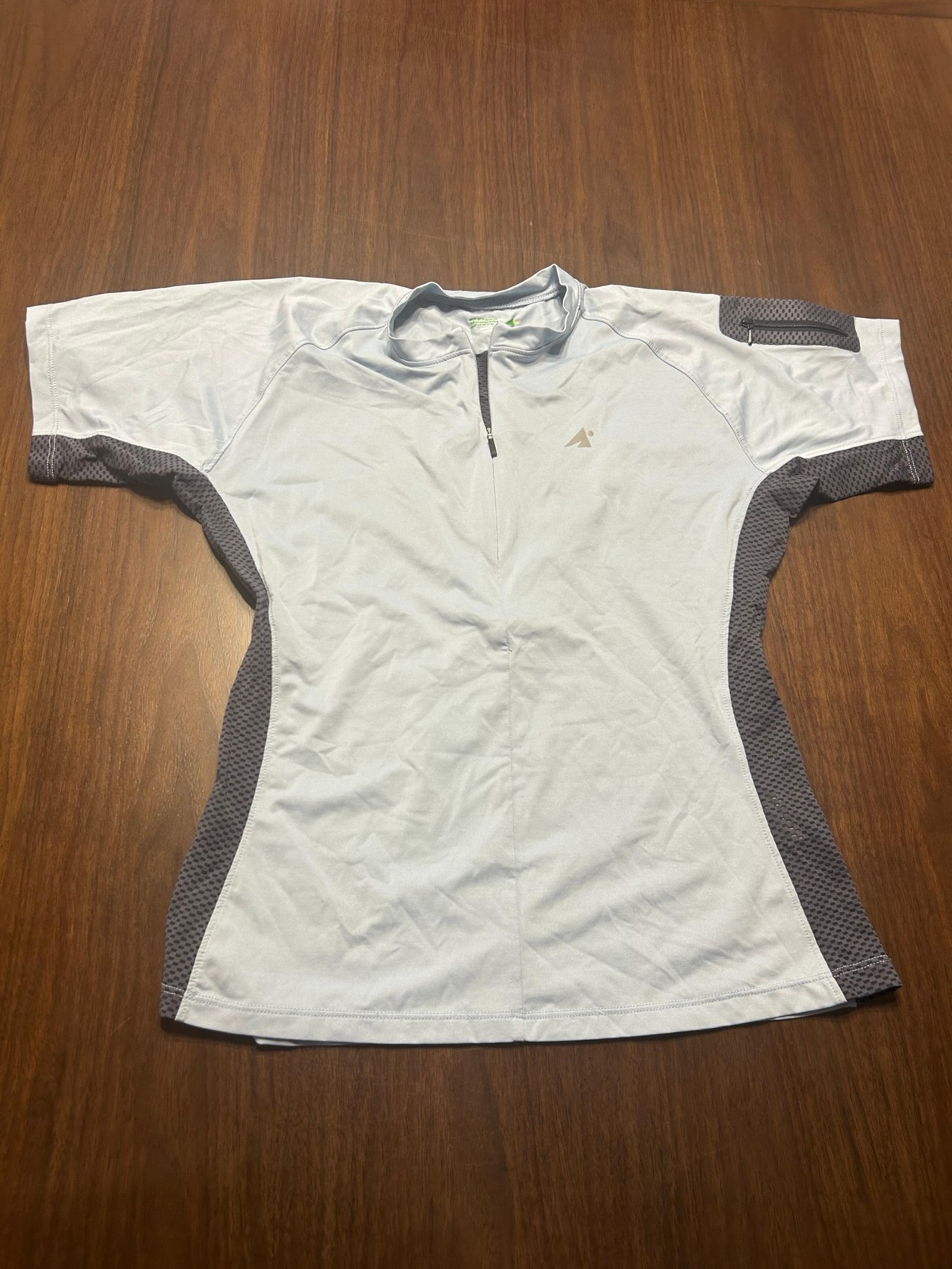 White and grey Eastern Mountain Sports short sleeve athletic t shirt #cycling