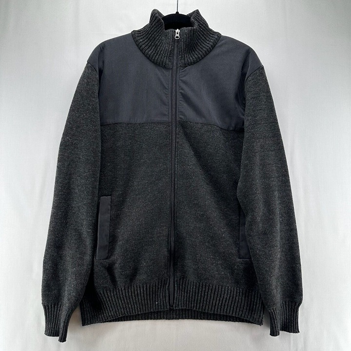 Izod Sweater Men Sz L Full Zip Fleece Plaid Lined Mock Neck Long Sleeve Charcoal