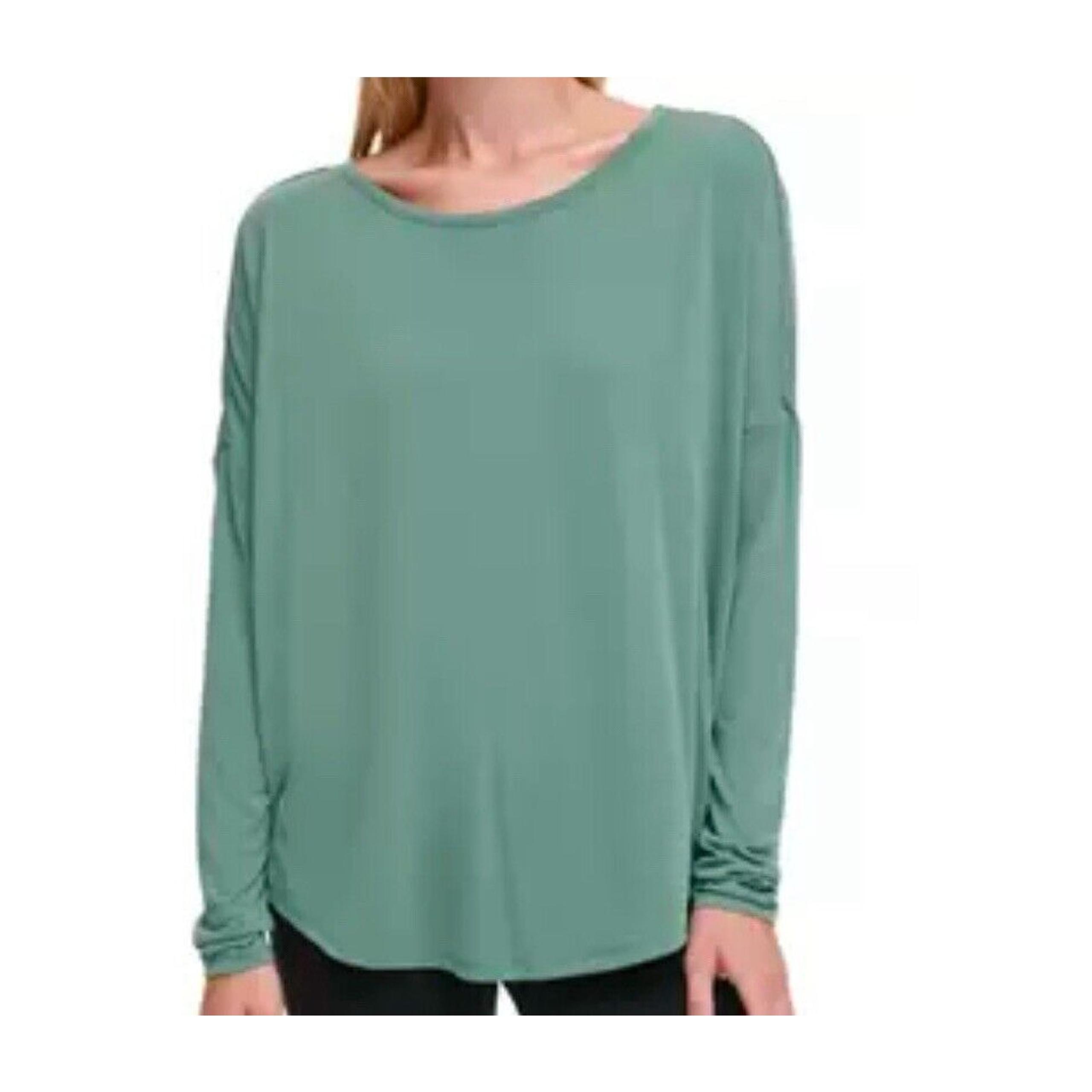 DKNY Sport Top Women’s Size S Green Crewneck Logo Sleeve Open Back Oversized
