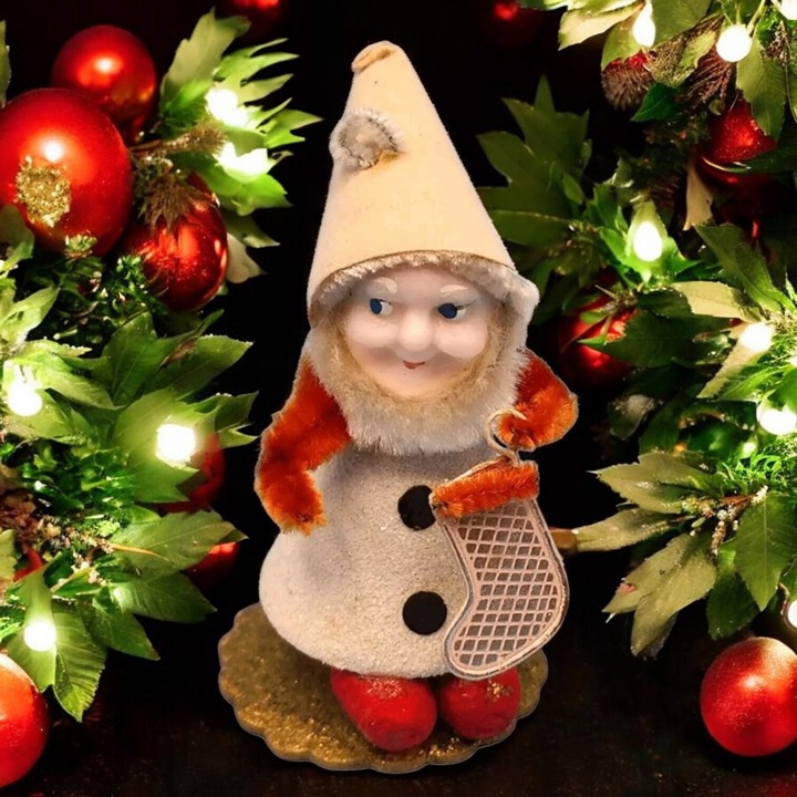 Putz Elf Ornament Chenille Foil Stocking Mica Japan Figure 1950s Christmas Cheni
