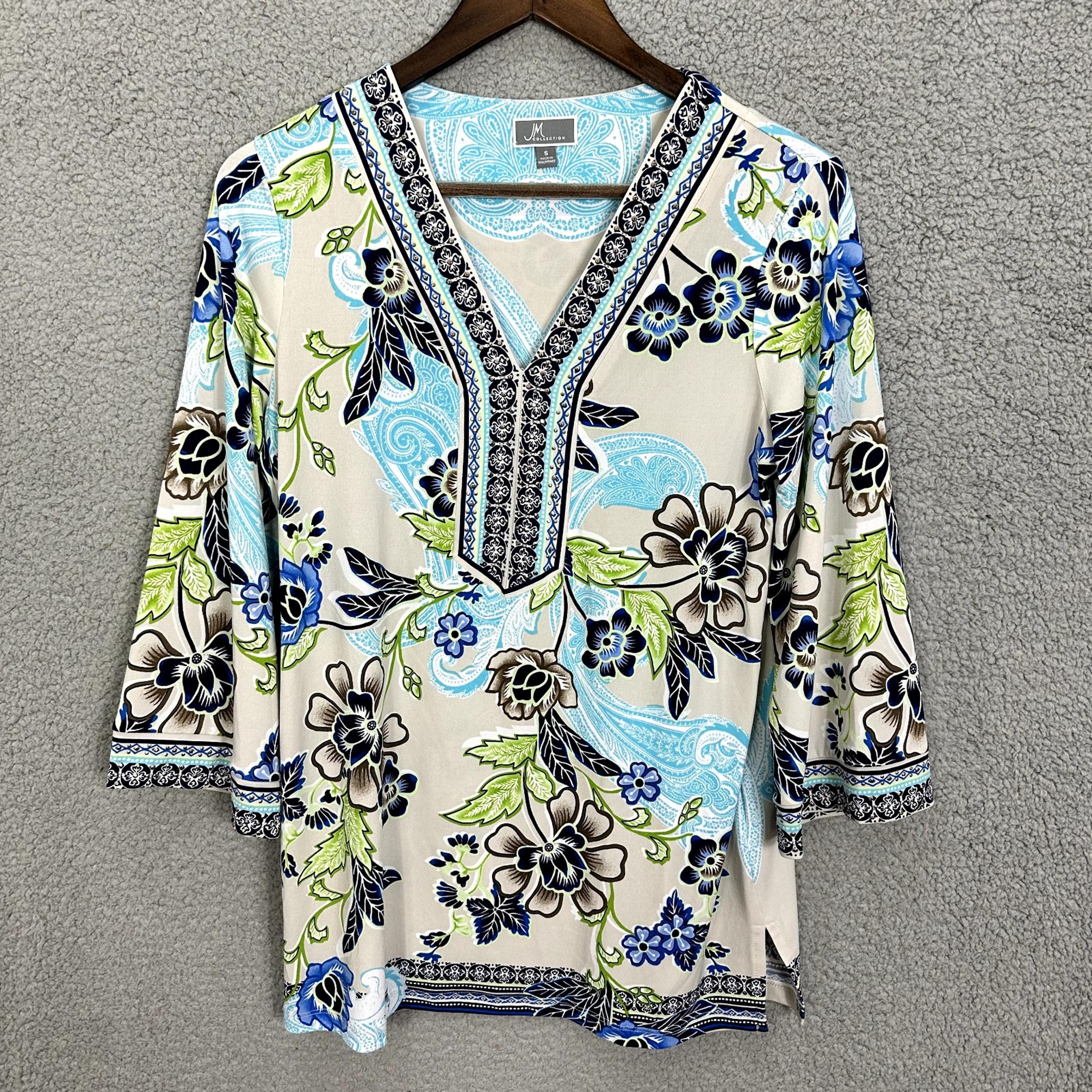 JM Collection Tunic Top Womens Small Blue Floral Beaded V Neck Boho Resort Beach