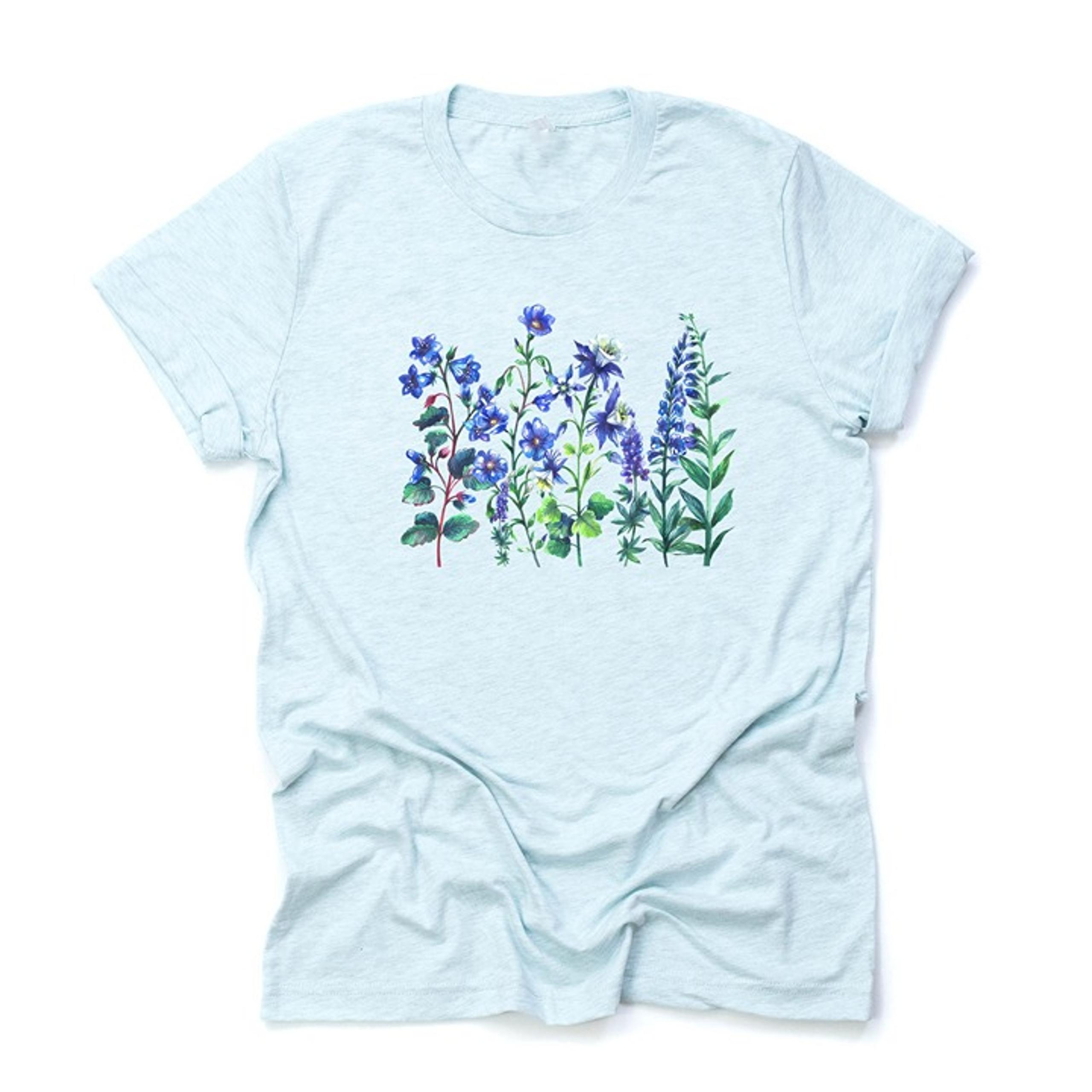 Summer Wildflowers, Pretty Blue and Purple Wildflowers on unisex shirt, 3 color