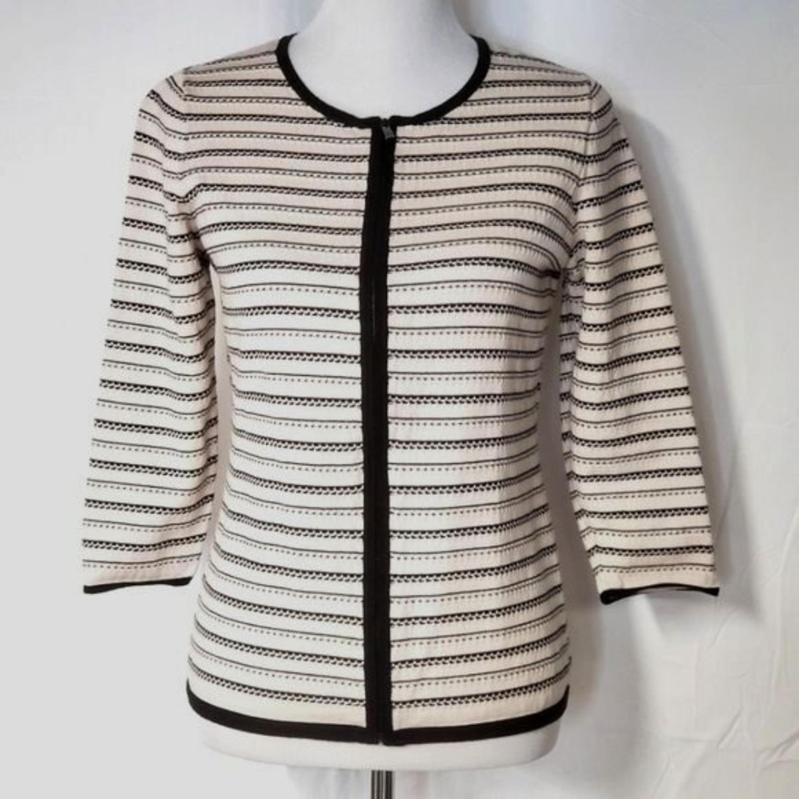 Ann Taylor Factory Black & Cream Striped Zip Front Cotton Knit Sweater