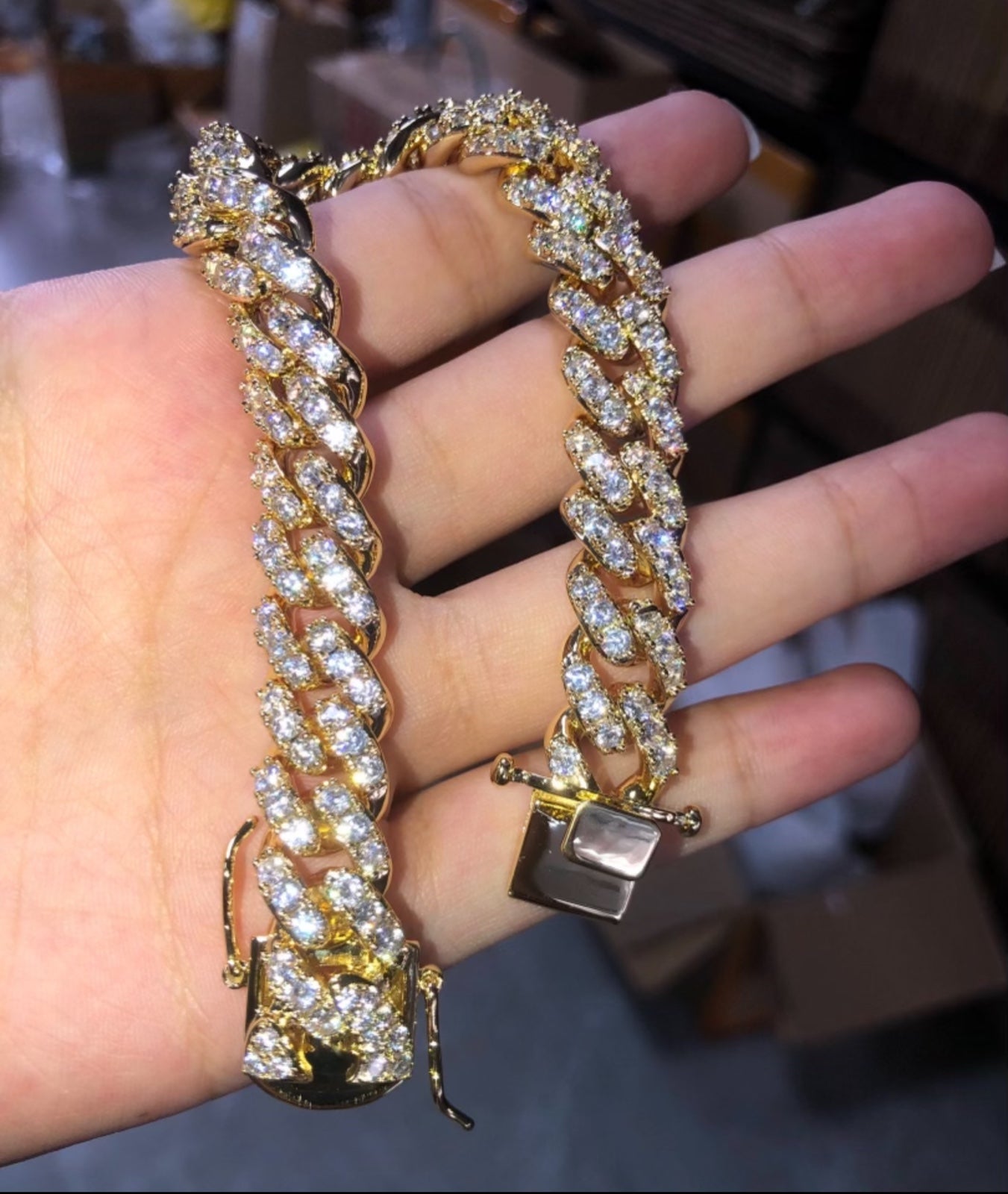 Men's Ice Out 12mm 8.5 Inches Miami Cuban Link Bracelet 14k Gold Plated Bling Bu