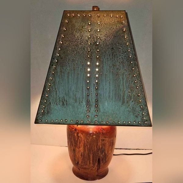 Large Round MCM Buri Wood Lamp & Perforated Rustic Copper & Teal Shade