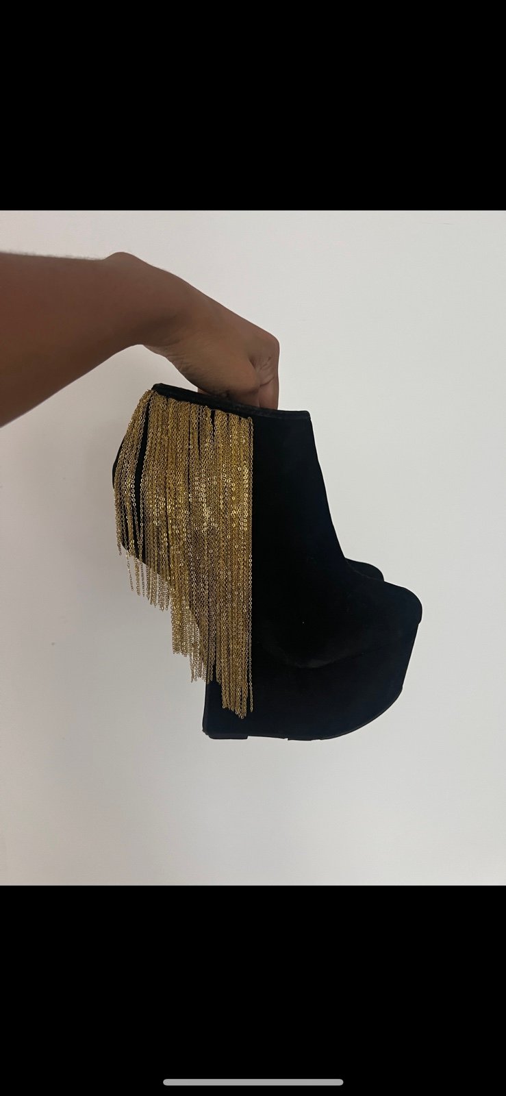 Privileged Moks Black Chain Dangling Heelless Platform Booties.