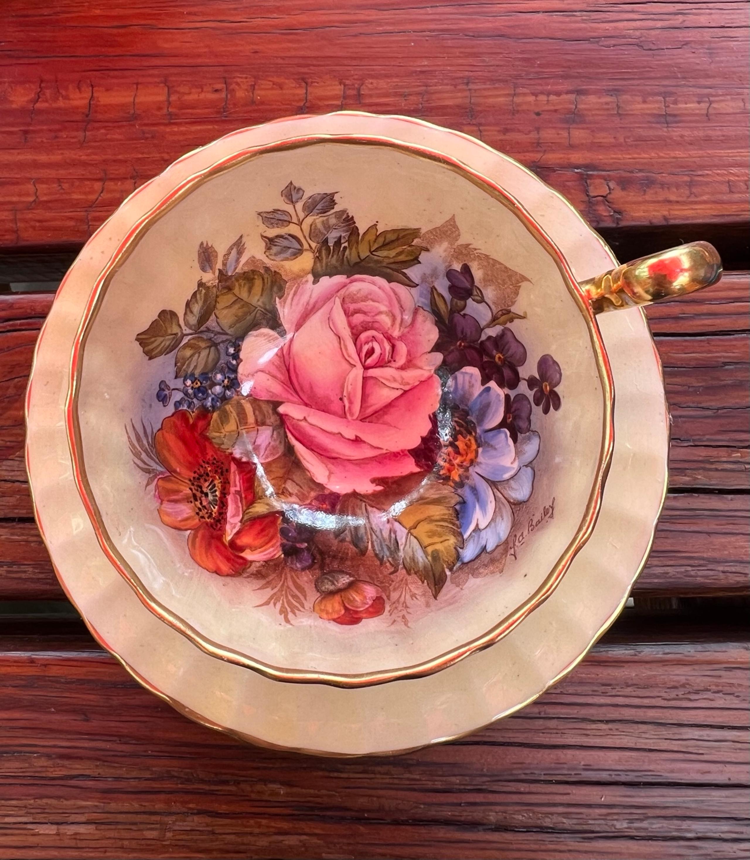 Rare Vintage  Aynsley Cabbage Rose artist signed tea cup JA Bailey