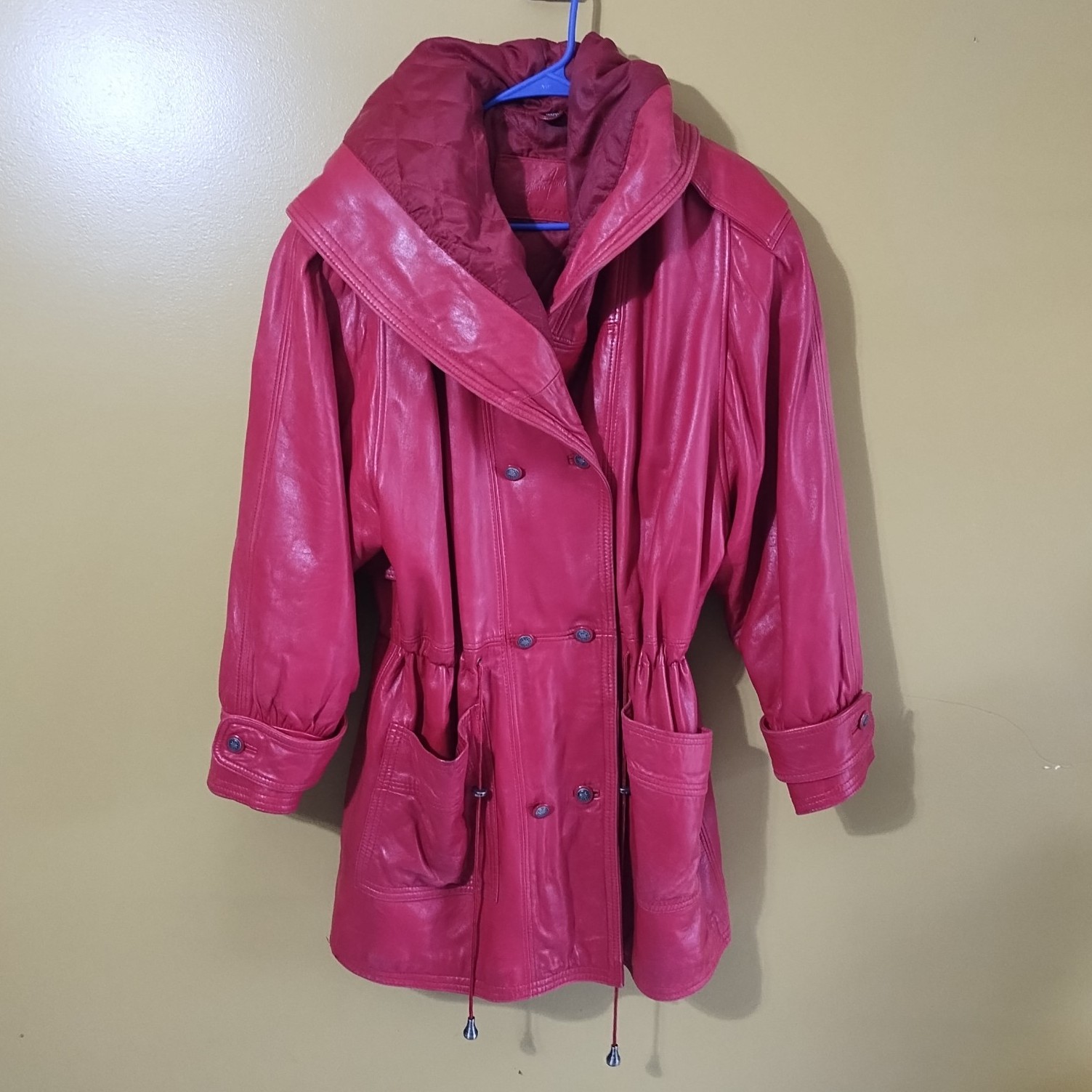 Rare Vintage 90s Jacqueline Ferrar Hooded Double Breasted Red Leather Coat Size