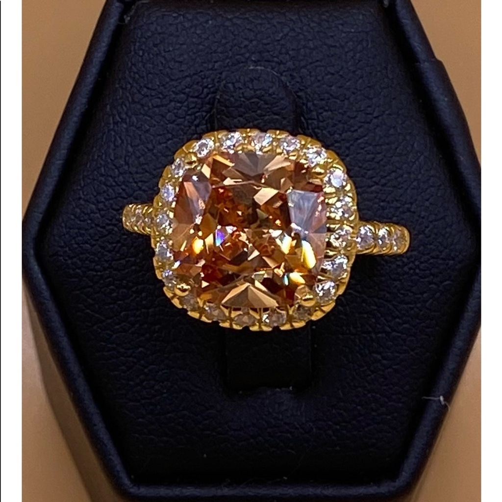 925 Sterling Silver Gold Plated Halo Cut Champagne CZ Ring, Size 7 NWT