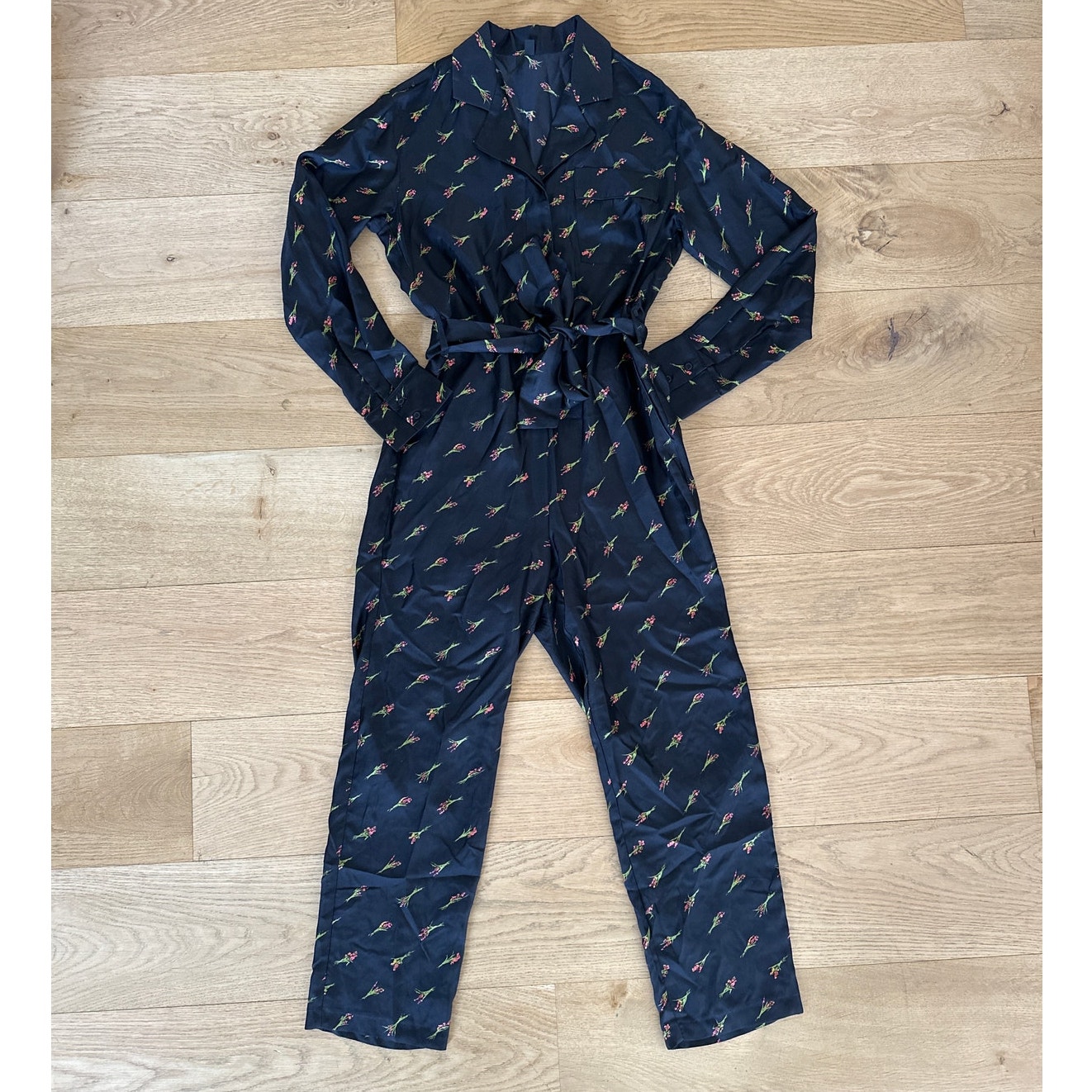 Topshop - Floral Print Long Sleeve Jumpsuit in Black Green & Pink