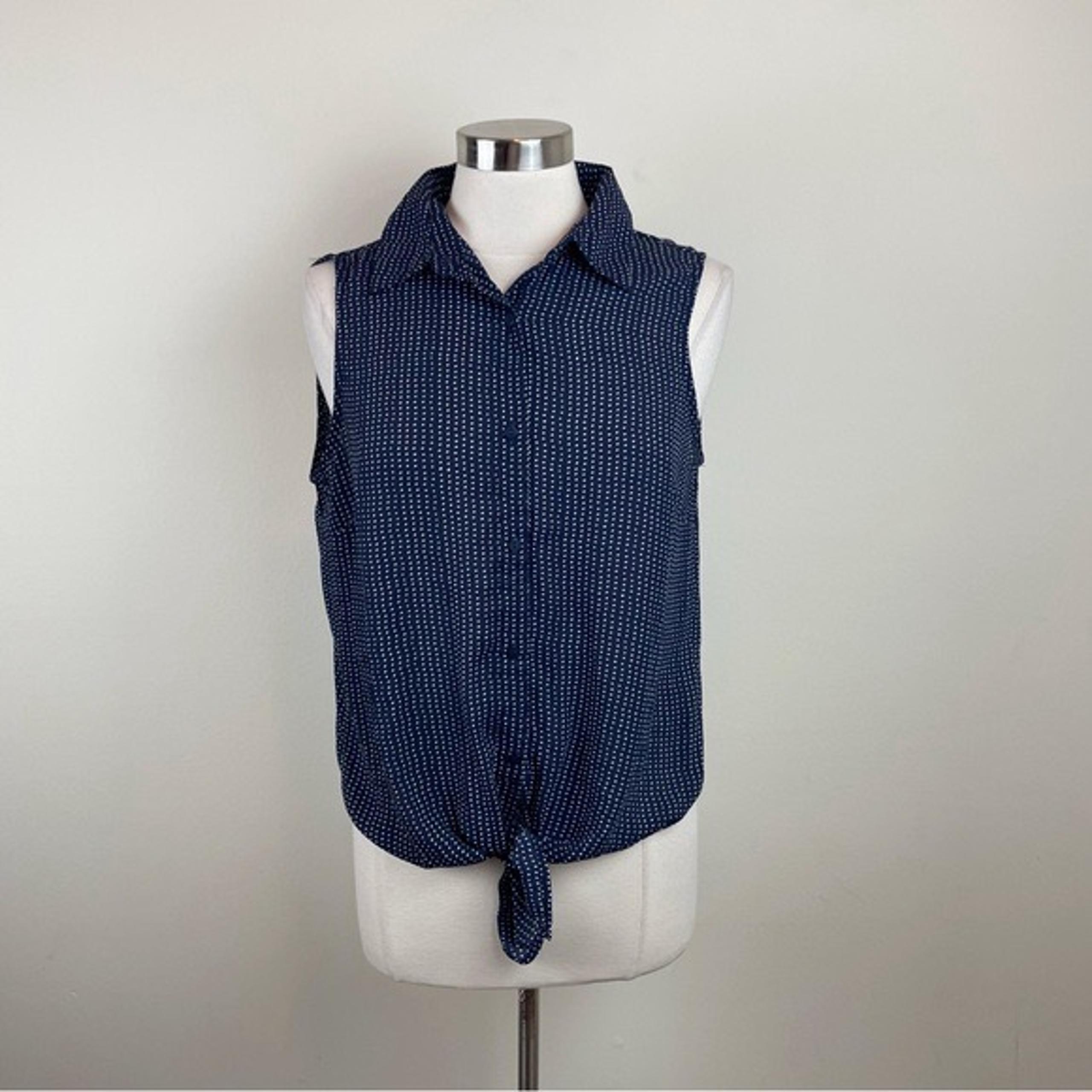 Adrianna Papell Navy Blue White Polka Dot Collared Button Down Top Blouse Women