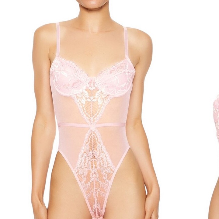 New Elegant Pink Lace sheer Bodysuit corset style women’s Sz m
