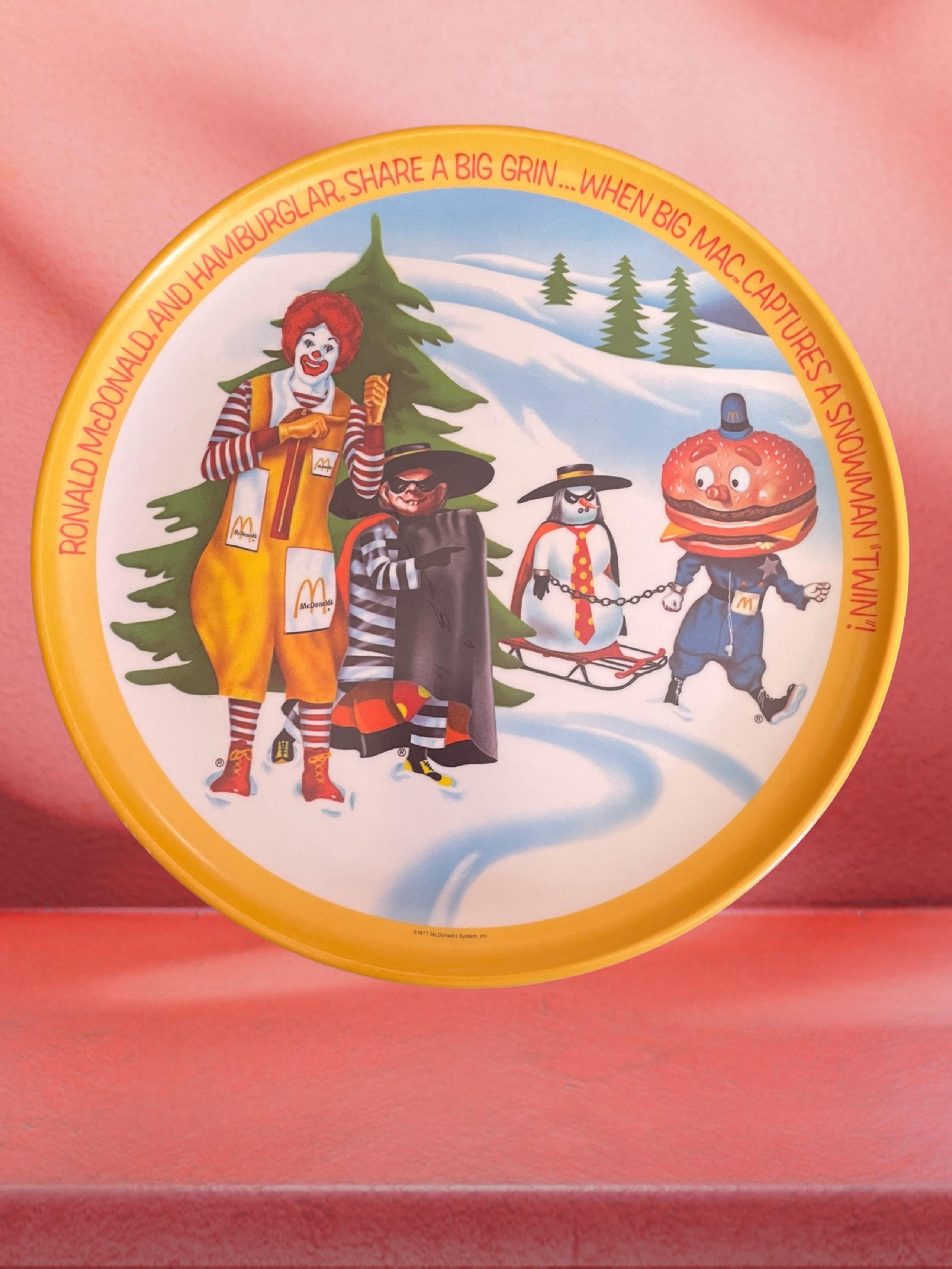 Ronald McDonald,Hamburglar,Big Mac,Plate,1977,Winter,Snowman,Christmas,USA,Food