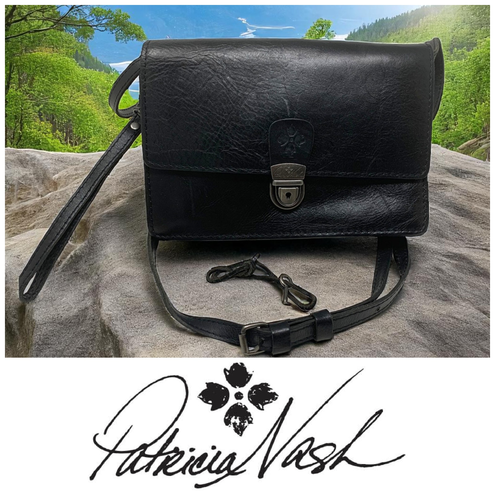 Patricia Nash Lanza Black Leather Crossbody Organizer Messenger Bag Purse