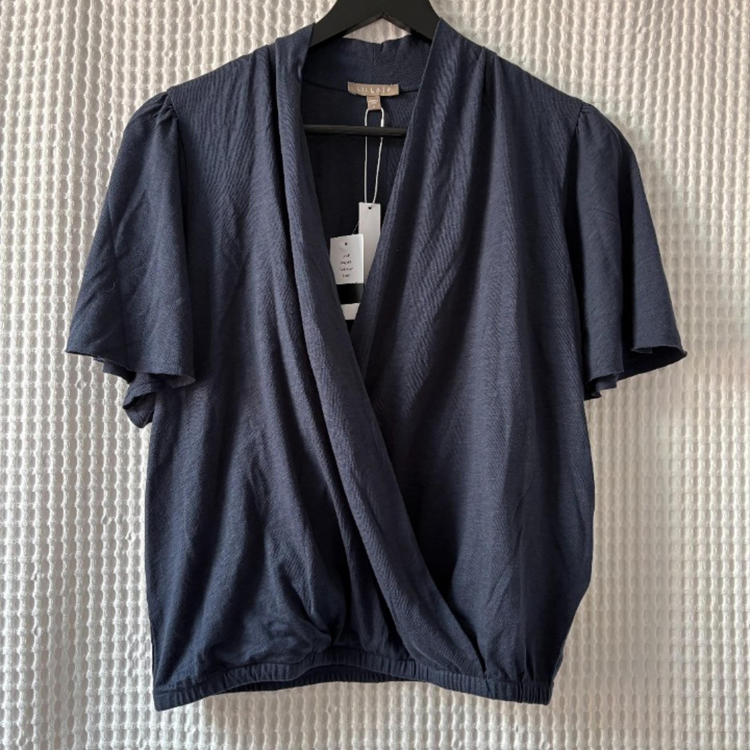 Lilla P navy faux wrap flutter sleeve top minimalist casual