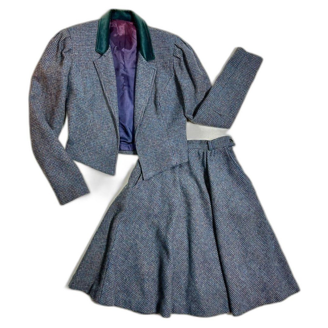 1980’s Vintage MJ Sportswear 2 Piece Skirt Suit Set size 5/6 Blue Houndstooth