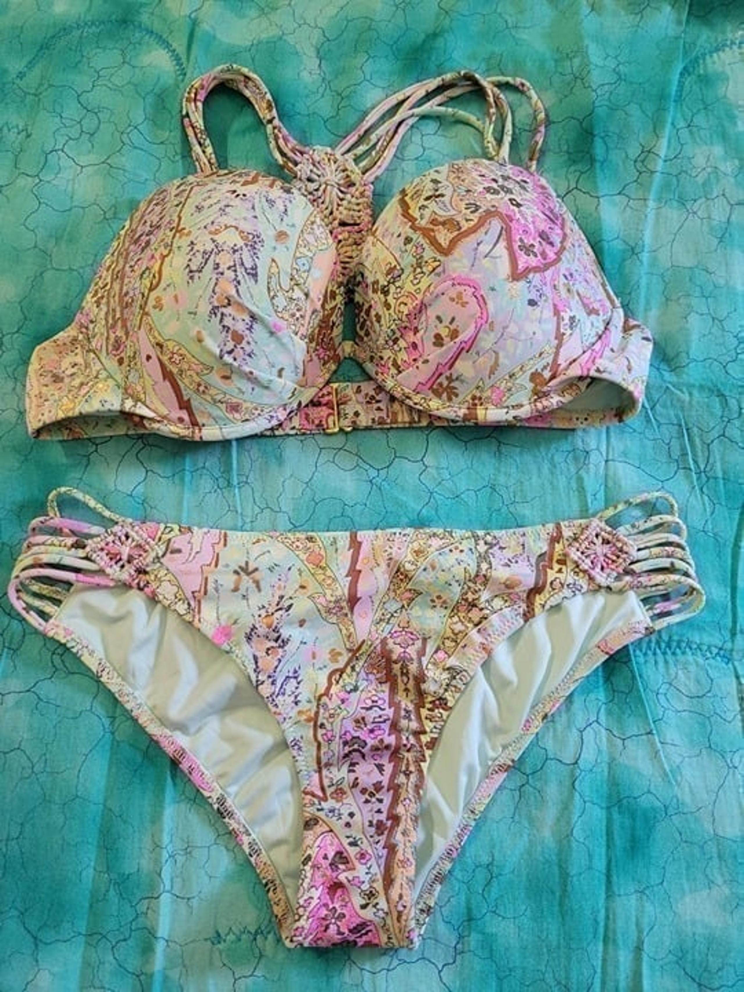 Victoria Secret Multi-Color Patterned Macrame Bikini, Top 36C, and Bottom size S