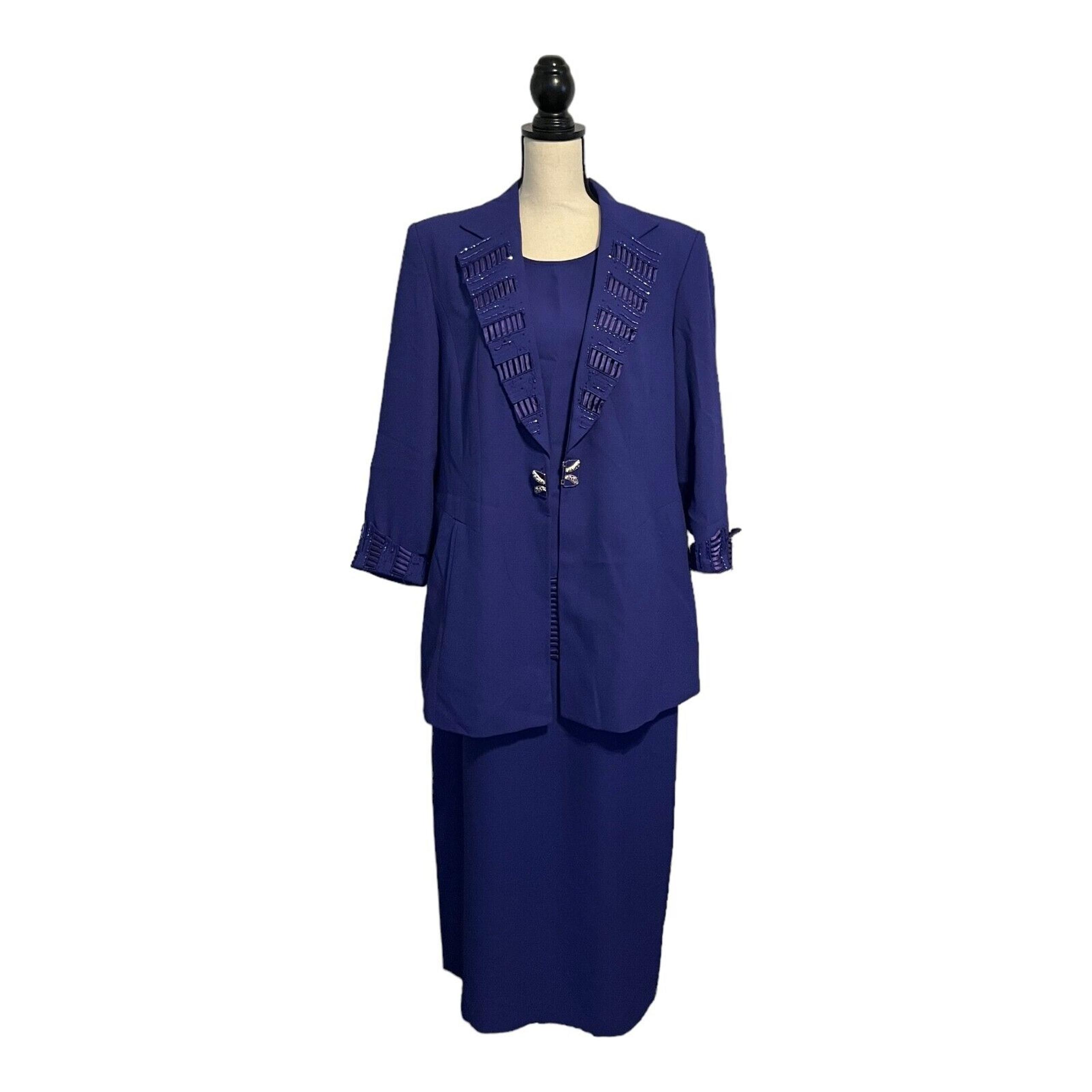 BEN MARC Women Purple Crystal Beaded 3 Piece Suit Top Skirt Jacket Size 14