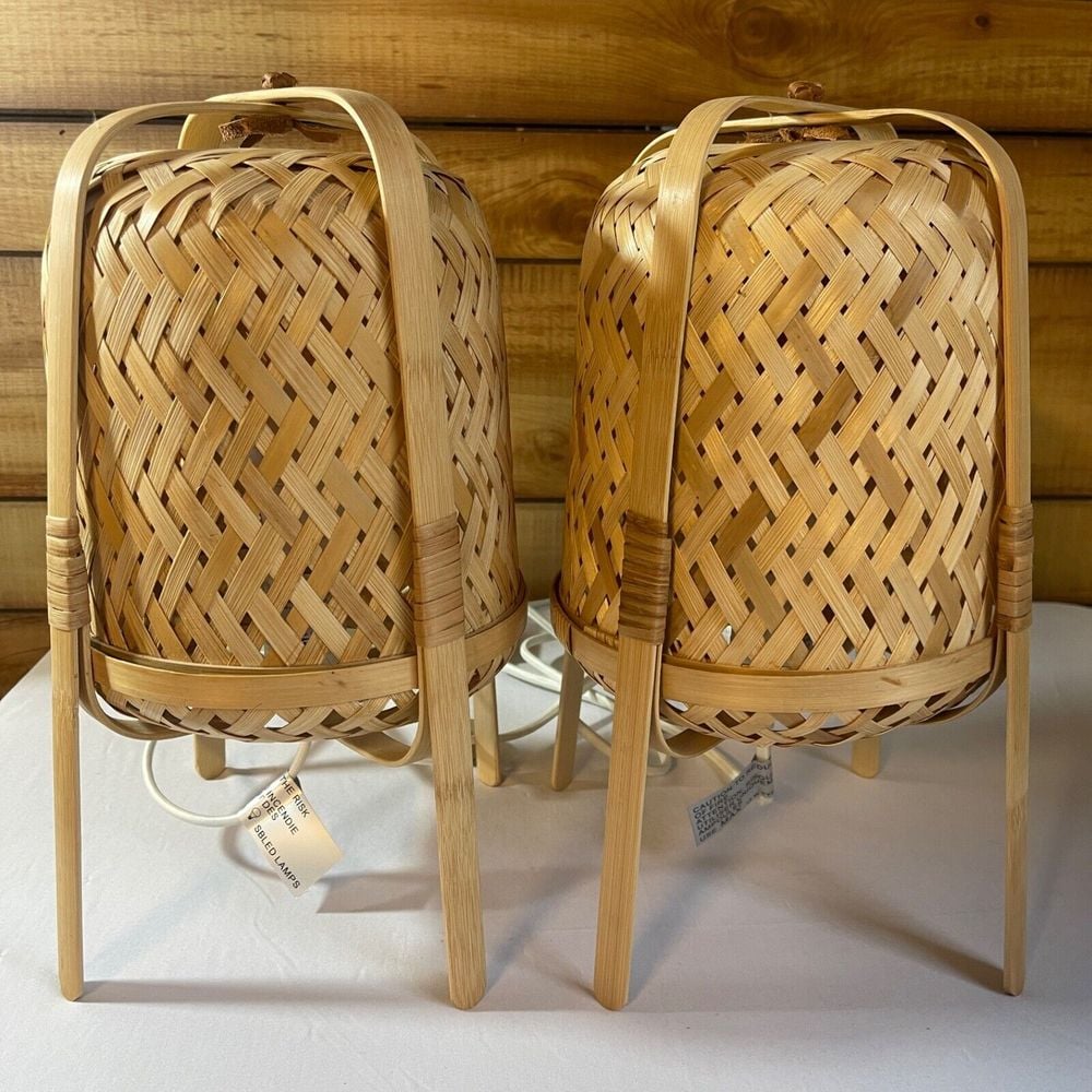 2 IKEA Knixhult Bamboo Table Lamp w/ Bulbs Boho Bamboo Handmade 203.585.26