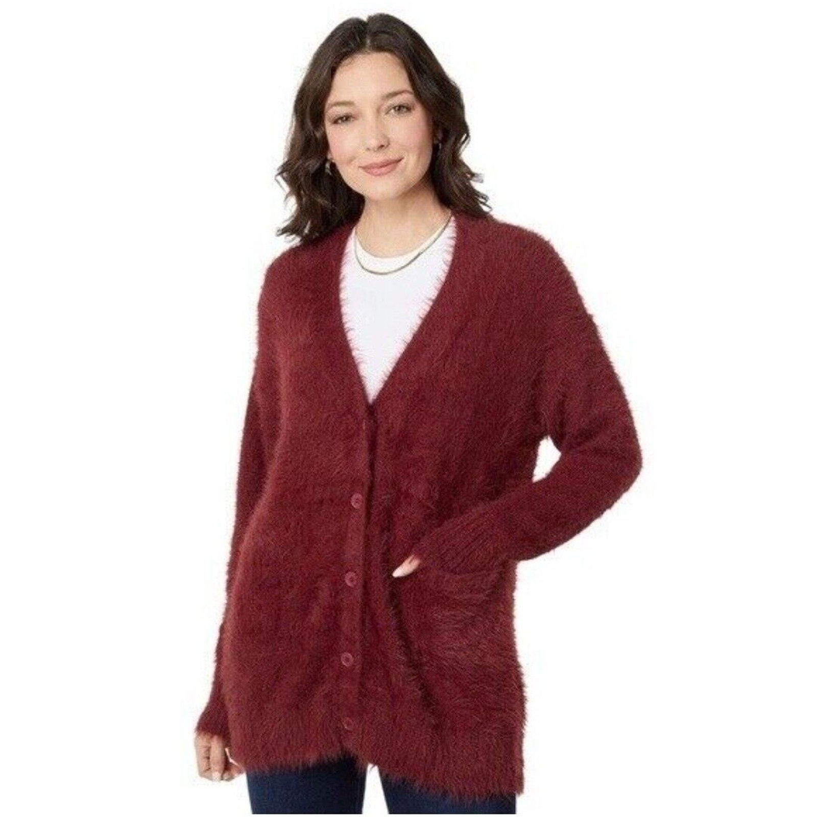 Splendid Women RED FUZZY Button Cardigan Sweater Size S Luxury SOFT Pockets