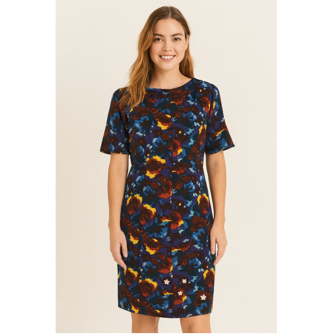 Boden Silk Blend Floral Dress Women’s 12 Blue Red Short Sleeve Lined Shift