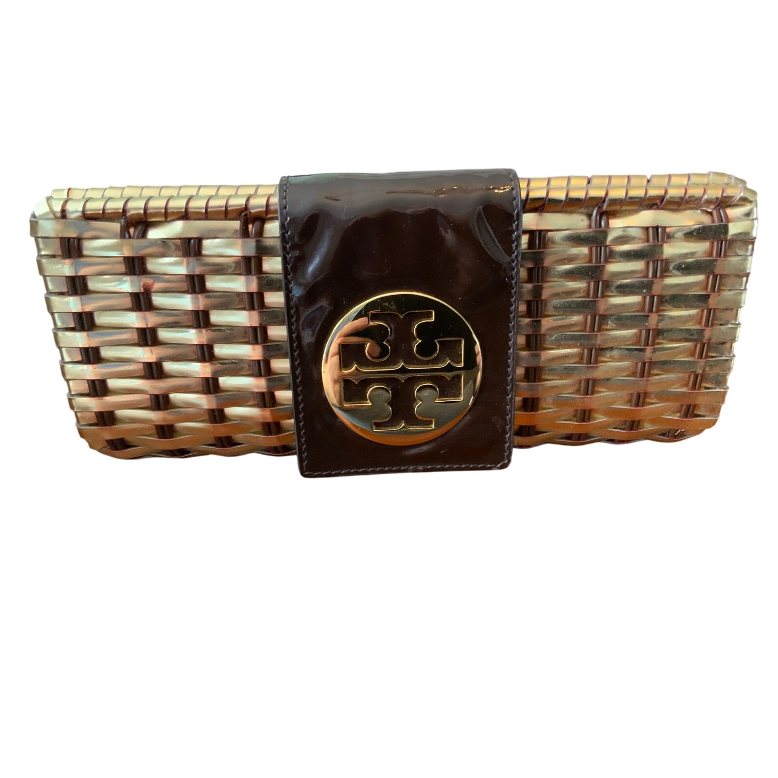 Tory Burch basket woven metallic gold glossy matte brown clutch purse