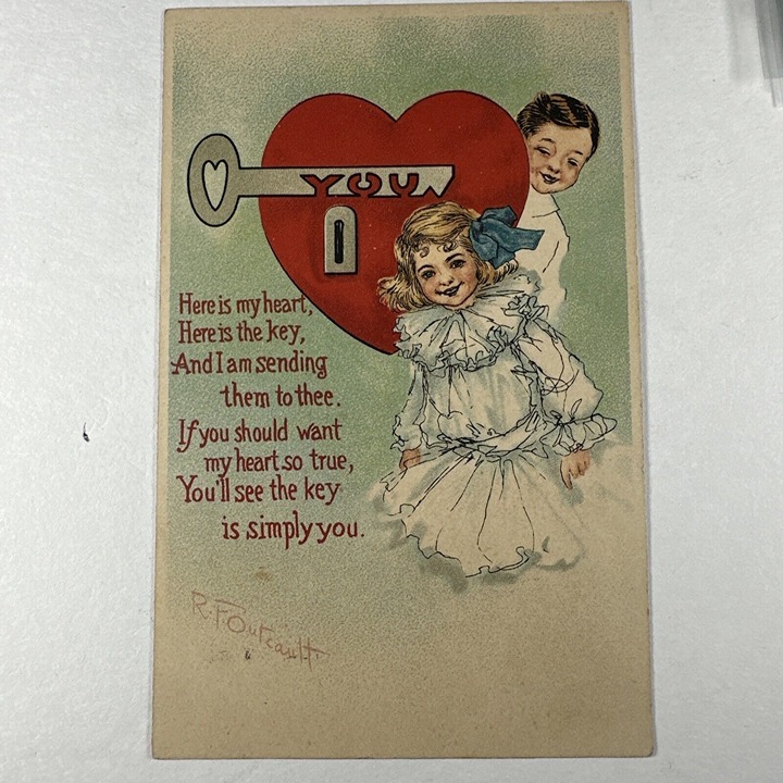 1901 Valentine Day Postcard Boy And Girl Heart And Key Love Poem