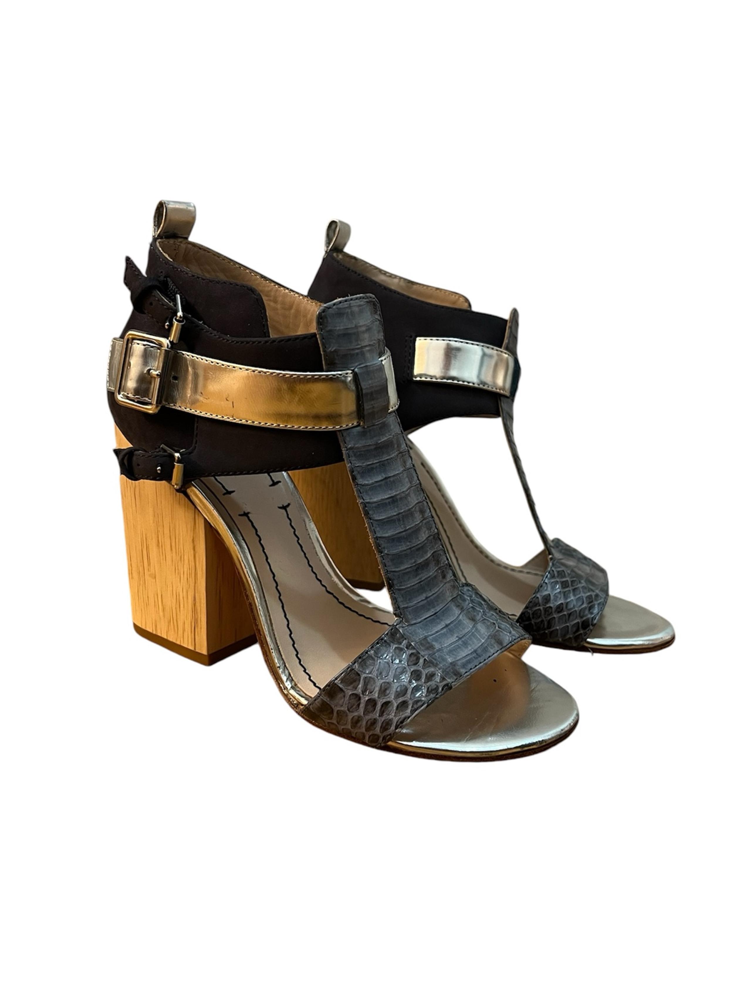 Elizabeth and James Carri Heel Blue Multi Snake Wooden Heel Sandals (Size 5.5)