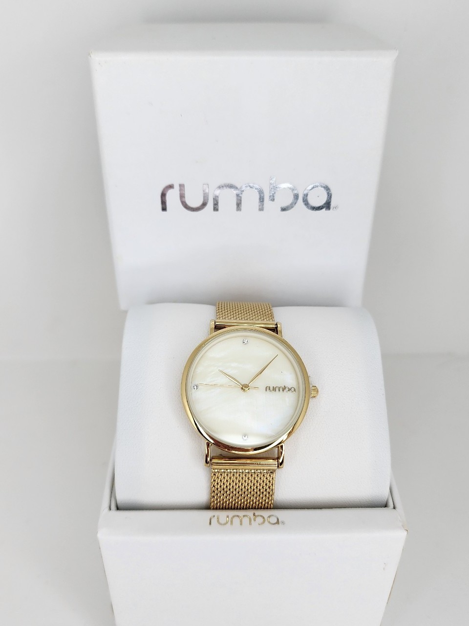 Rumba NY LA Gold mesh band watch rhinestone & mother of pearl accents NEW IN BOX