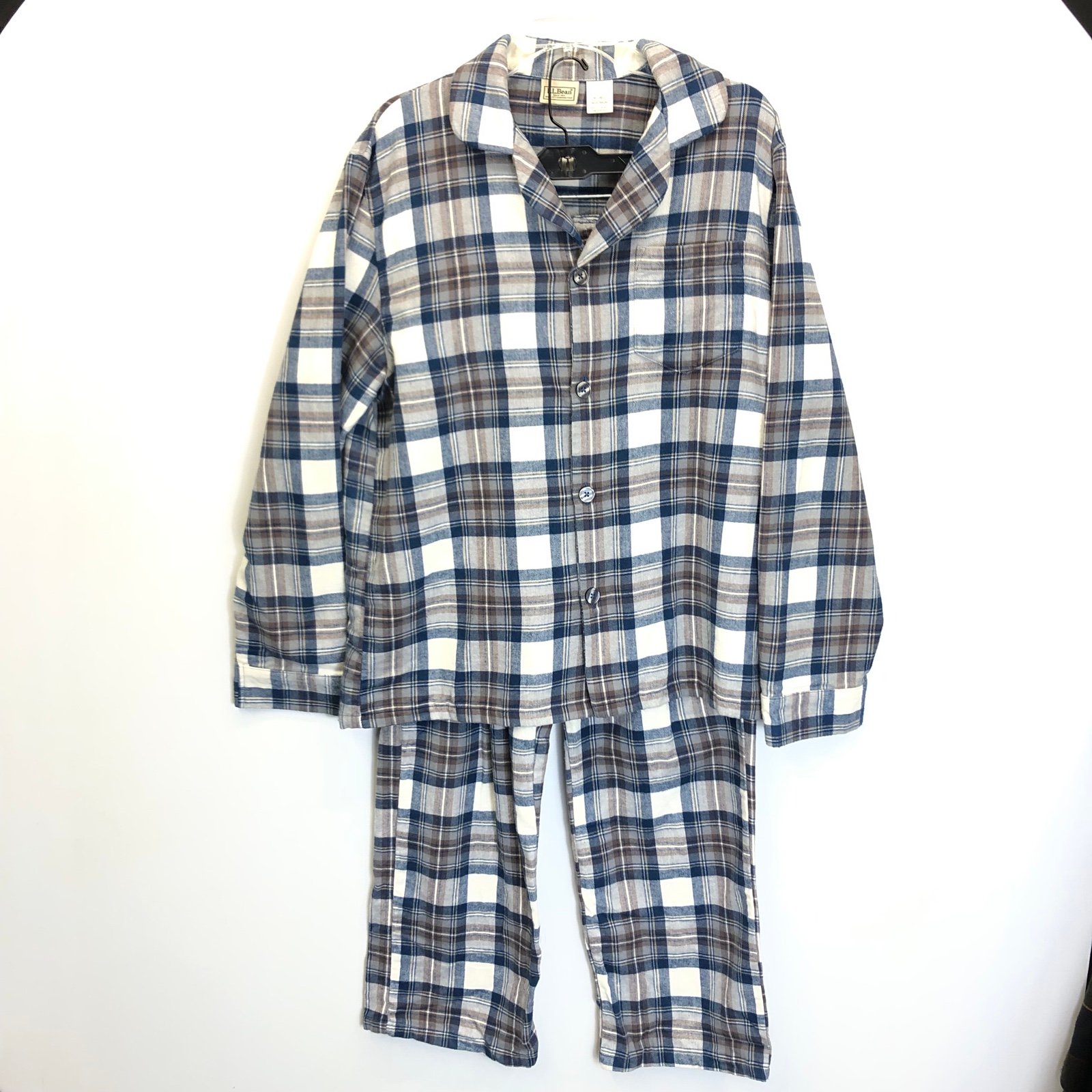 LL Bean Flannel Pajamas Mens Medium Blue Grey Scotch Plaid Reg Cotton PJs 500244
