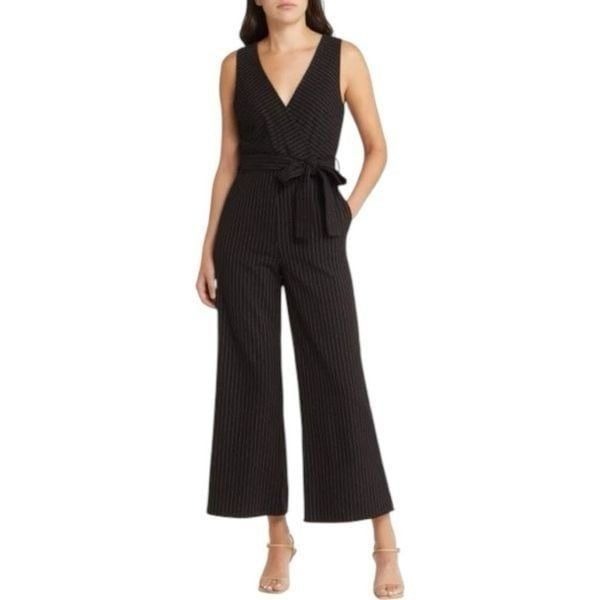 Womens Chelsea28 Black & White Pintstripe Faux Wrap Sleeveless Jumpsuit - Sz XS