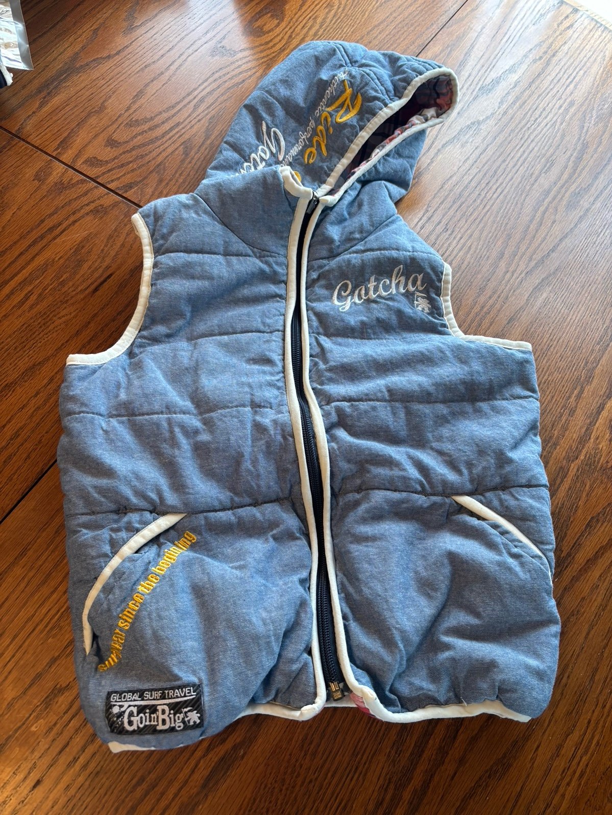 Vtg gotcha kids boys reversible hooded vest plaid blue M 8 10