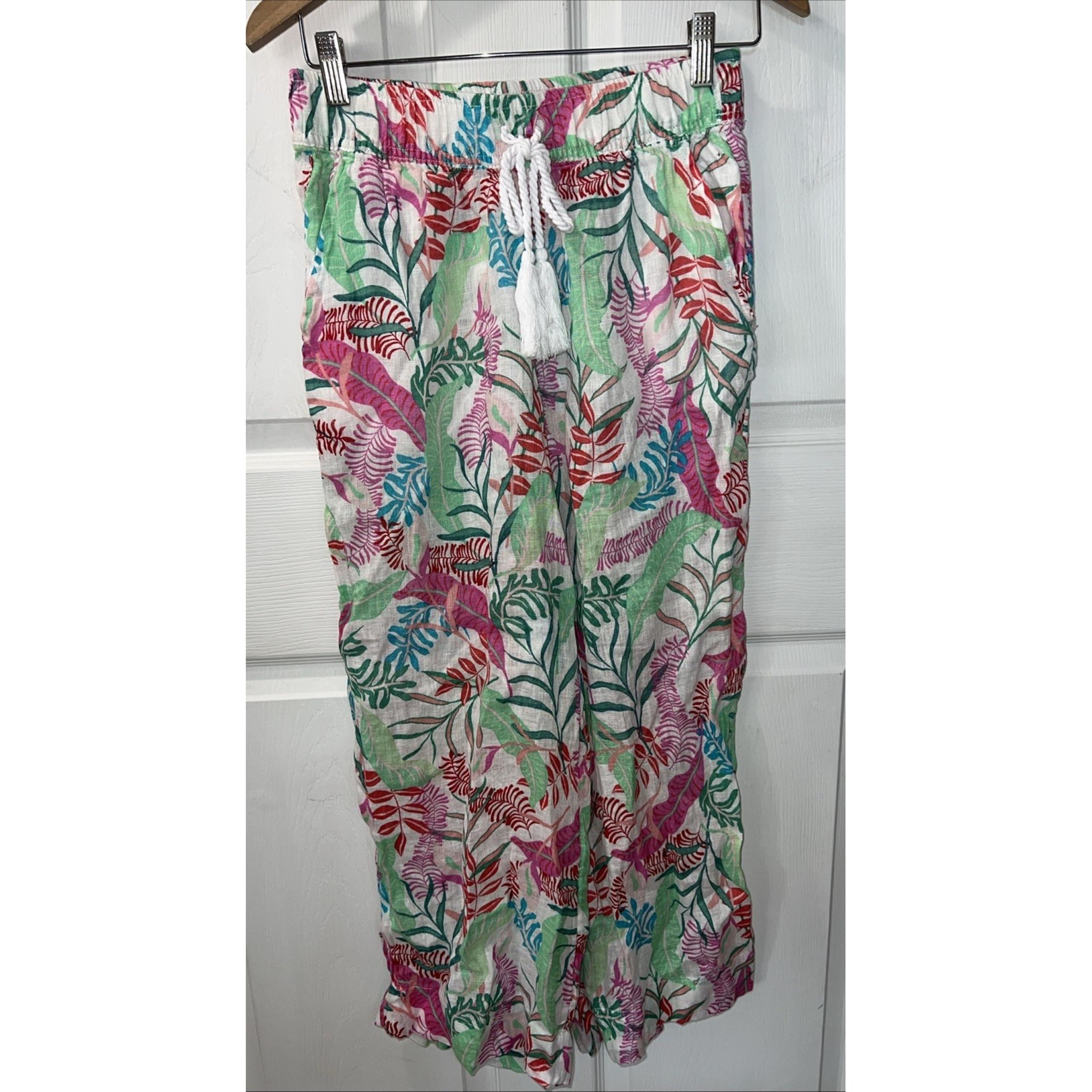 Cynthia Rowley Pants Sz Sm Floral Linen Cropped Wide Leg Elastic Waist Tropical