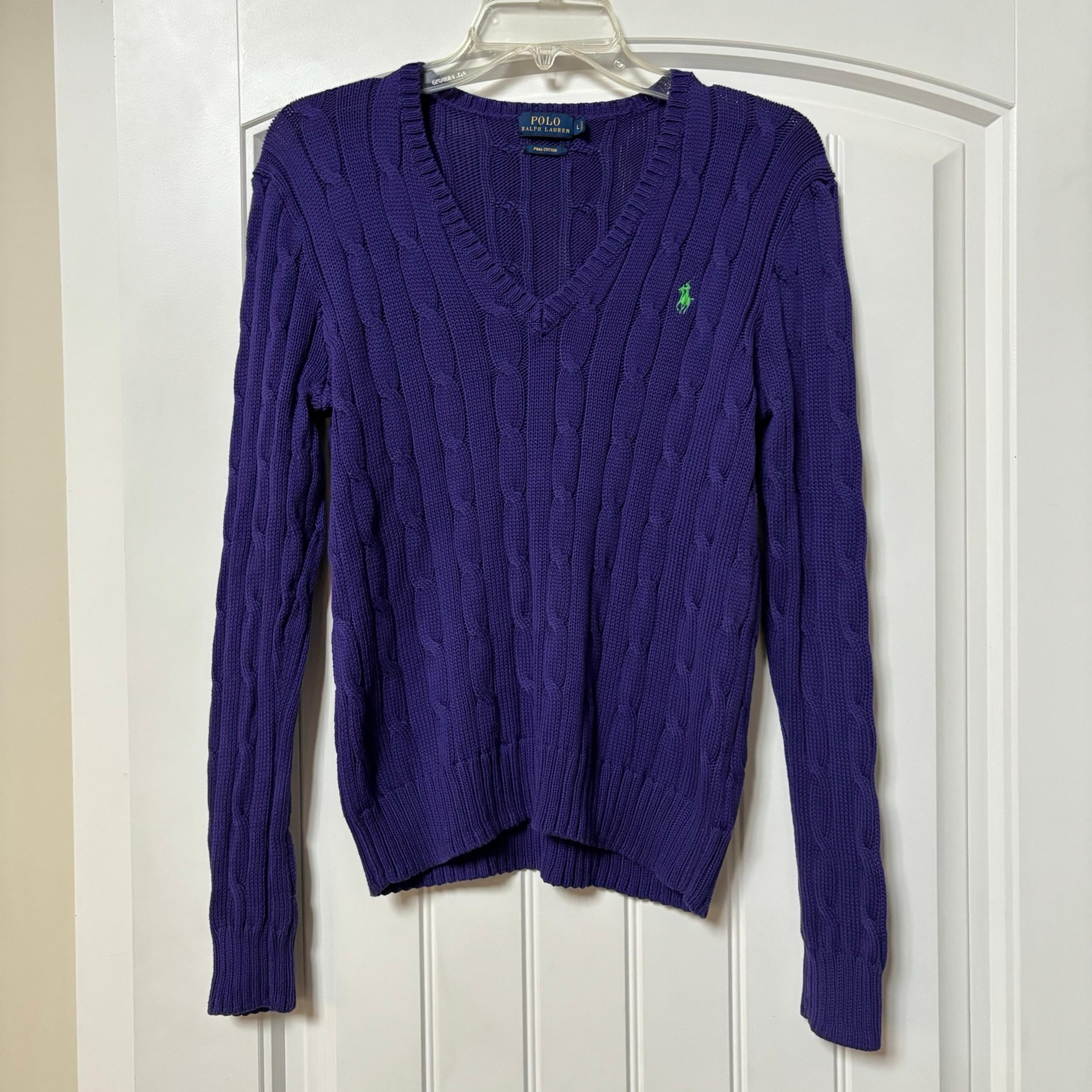 Womens Polo Ralph Lauren Cable Knit Sweater Pima Cotton V Neck Purple sz L