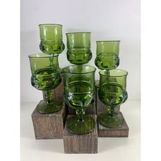 Indiana Glass Avocado Green Kings Crown Thumbprint Wine Glasses.